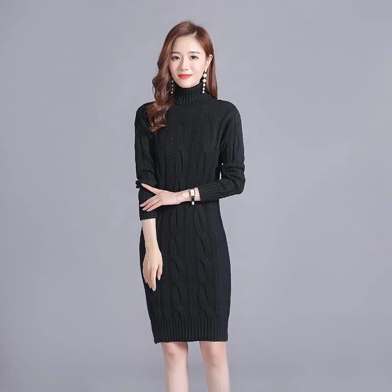 Women's Solid Color Turtleneck Knit Sweater Dress - Warm Winter Pullover Dress for Casual Outings & Office Wear