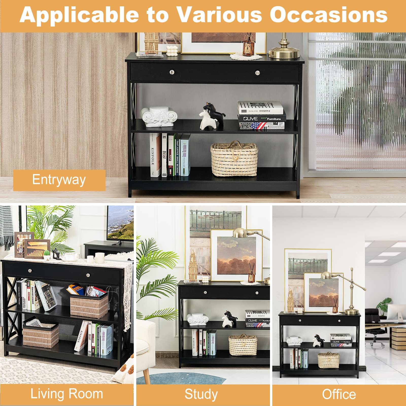 Giantex 3-Tier Console Table with Drawer & Storage Shelves - X-Design Entryway Table for Hallway, Living Room & Bedroom - Sturdy Sofa Side Table (Black) | Perfect for Small Spaces, Apartment Decor & Home Organization
