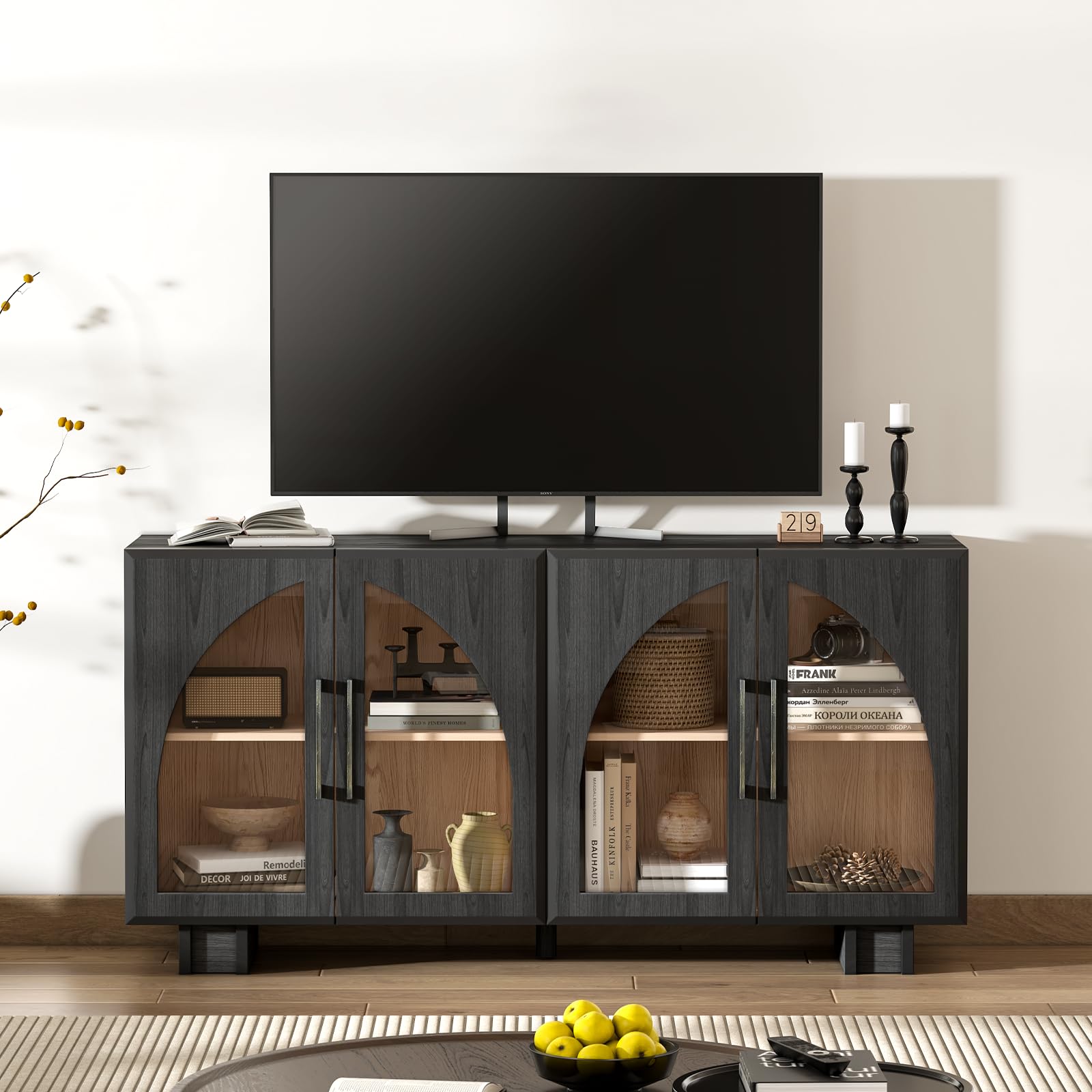 Modern Accent Cabinet with Glass Doors & Adjustable Shelves - Sideboard Buffet Storage Cabinet for Living Room, Entryway, Dining Room - Black Arched Credenza for Home Decor & Organization