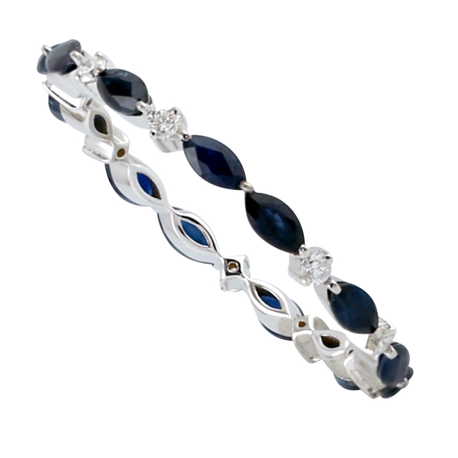14K White Gold Marquise Cut Blue Sapphire and Diamond Prong Band Ring - Elegant Engagement, Wedding, or Anniversary Jewelry Gift