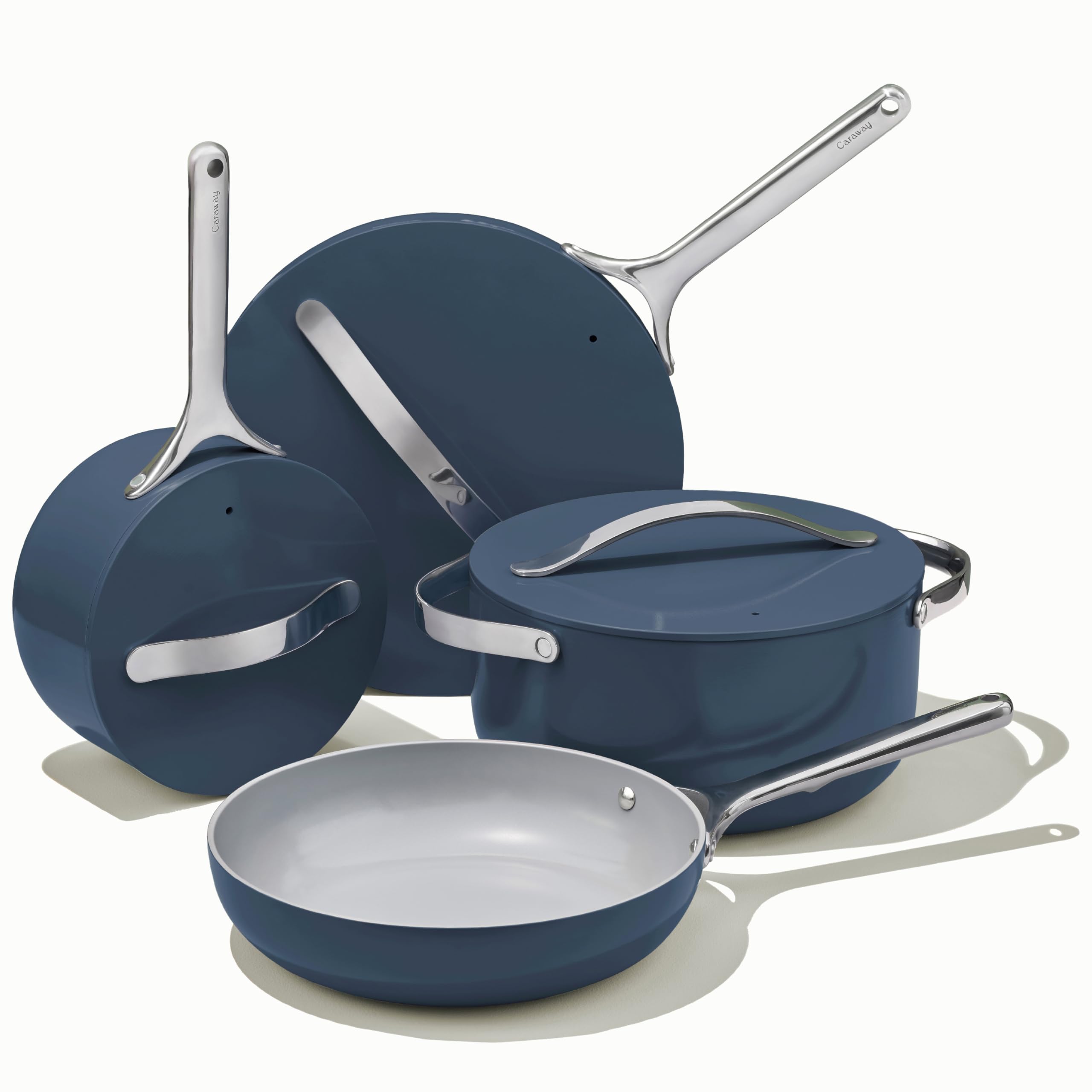 Caraway Nonstick Ceramic Cookware Set - 12 Piece Pots, Pans & Lids with Kitchen Storage - Non-Toxic, Oven Safe & All Stovetop Compatible - Navy Blue - Perfect for Healthy Cooking & Family Meals
