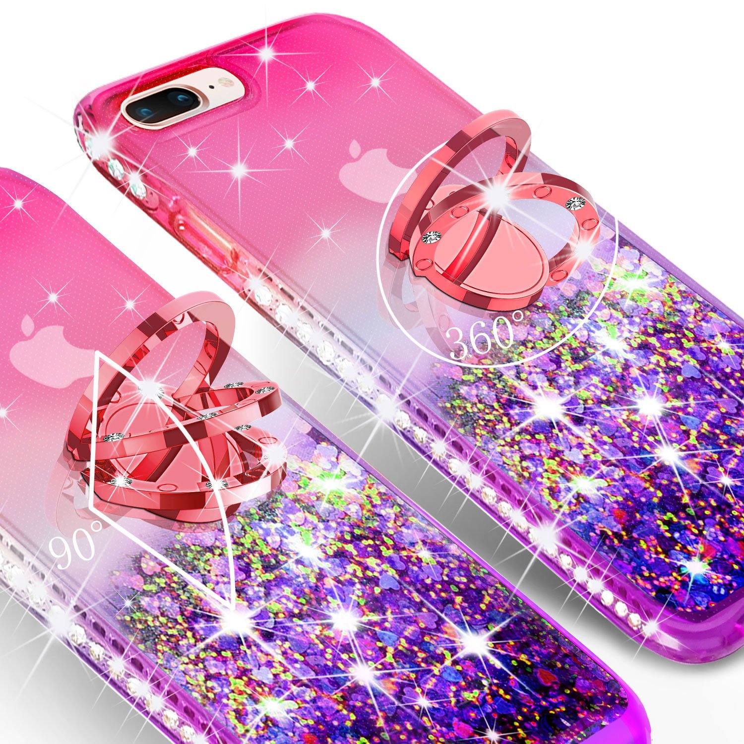 Cute Shockproof Liquid Glitter Phone Case with Ring Kickstand for iPhone 7 Plus/8 Plus - Hot Pink & Purple | Trendy Protective Case for Women & Girls | Perfect for Everyday Use, Parties & Travel