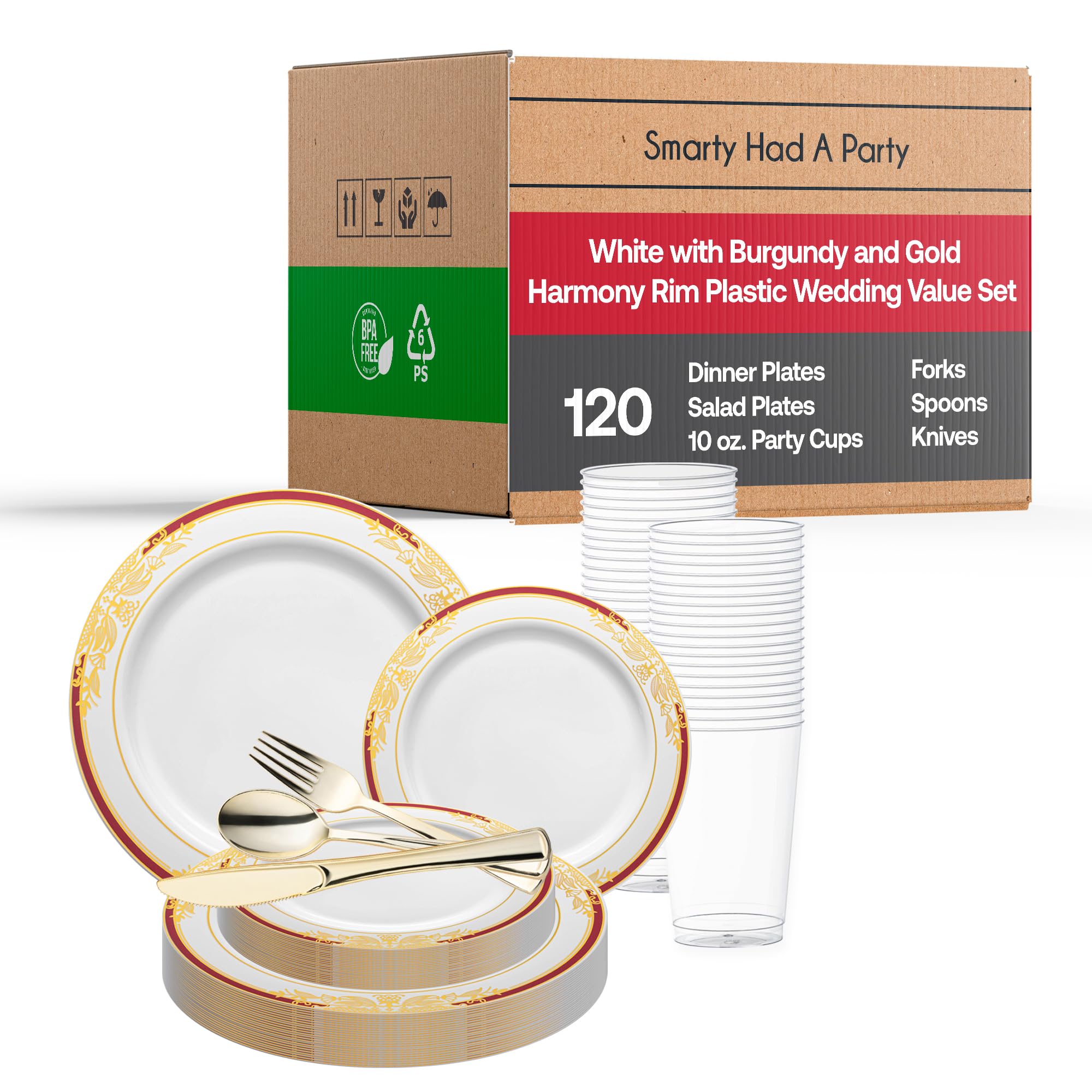 Premium Heavy Duty Disposable Plastic Dinnerware Sets - Elegant Gold & Burgundy Wedding Plates, Forks, Knives (120-Piece Value Pack) | Perfect for Weddings, Birthdays, Parties & Special Events | Durable & Stylish Tableware for Large Gatherings