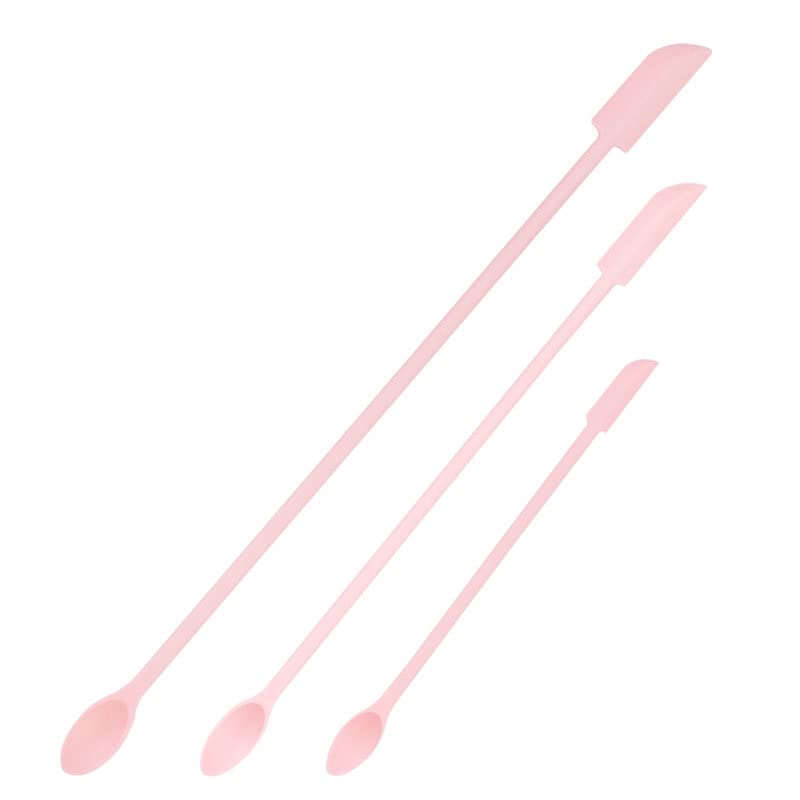 3PC Mini Silicone Telescopic Spatula and Scooping Spoon Set - Makeup Spatula with Hanging Buckle - Perfect for Home Kitchen Cooking, Cosmetic Jars, Travel & DIY Projects (Pink)