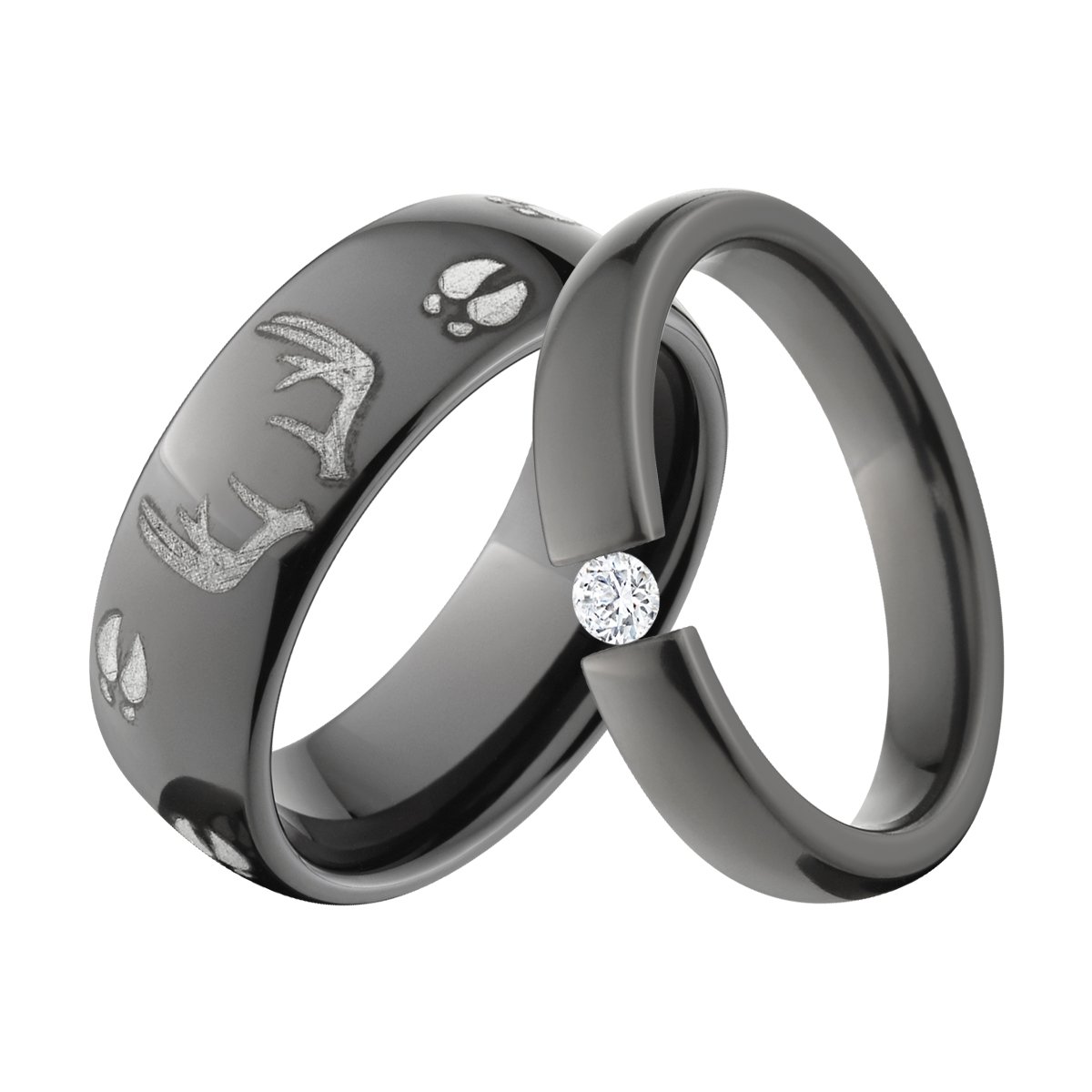 Black Zirconium Deer Rack and Track Tension Set Rings for Couples - His and Hers Matching Wedding Bands - Perfect for Outdoor Enthusiasts & Nature Lovers