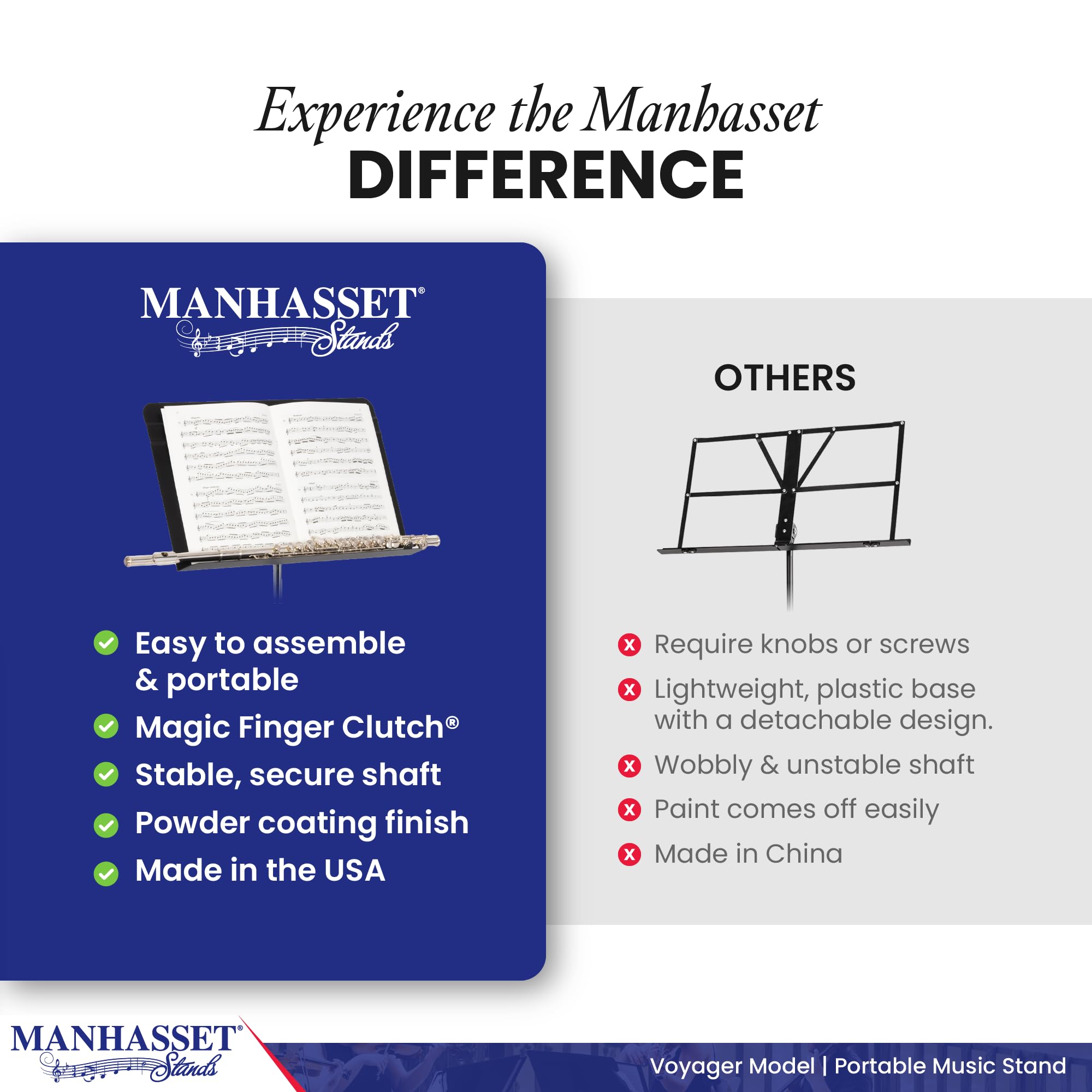Manhasset Voyager Portable Music Stand - Quick Assembly Folding Sheet Music Stand with Retractable Legs | Perfect for Orchestra, Band Practice & Outdoor Performances