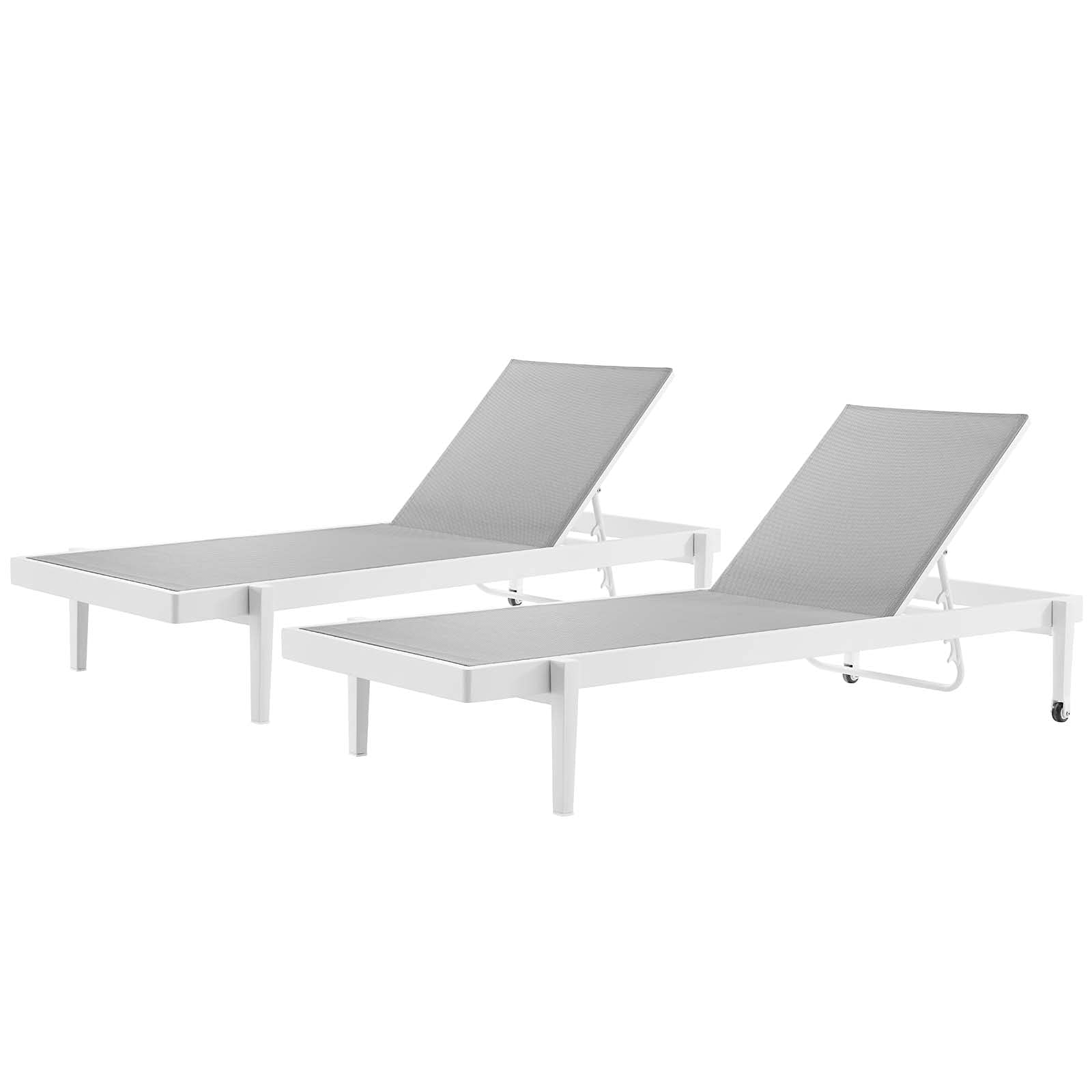 Modern Aluminum Lounge Chair Chaise Set of 2, White Grey Metal, Outdoor Patio Balcony Cafe Furniture for Relaxing and Lounging
