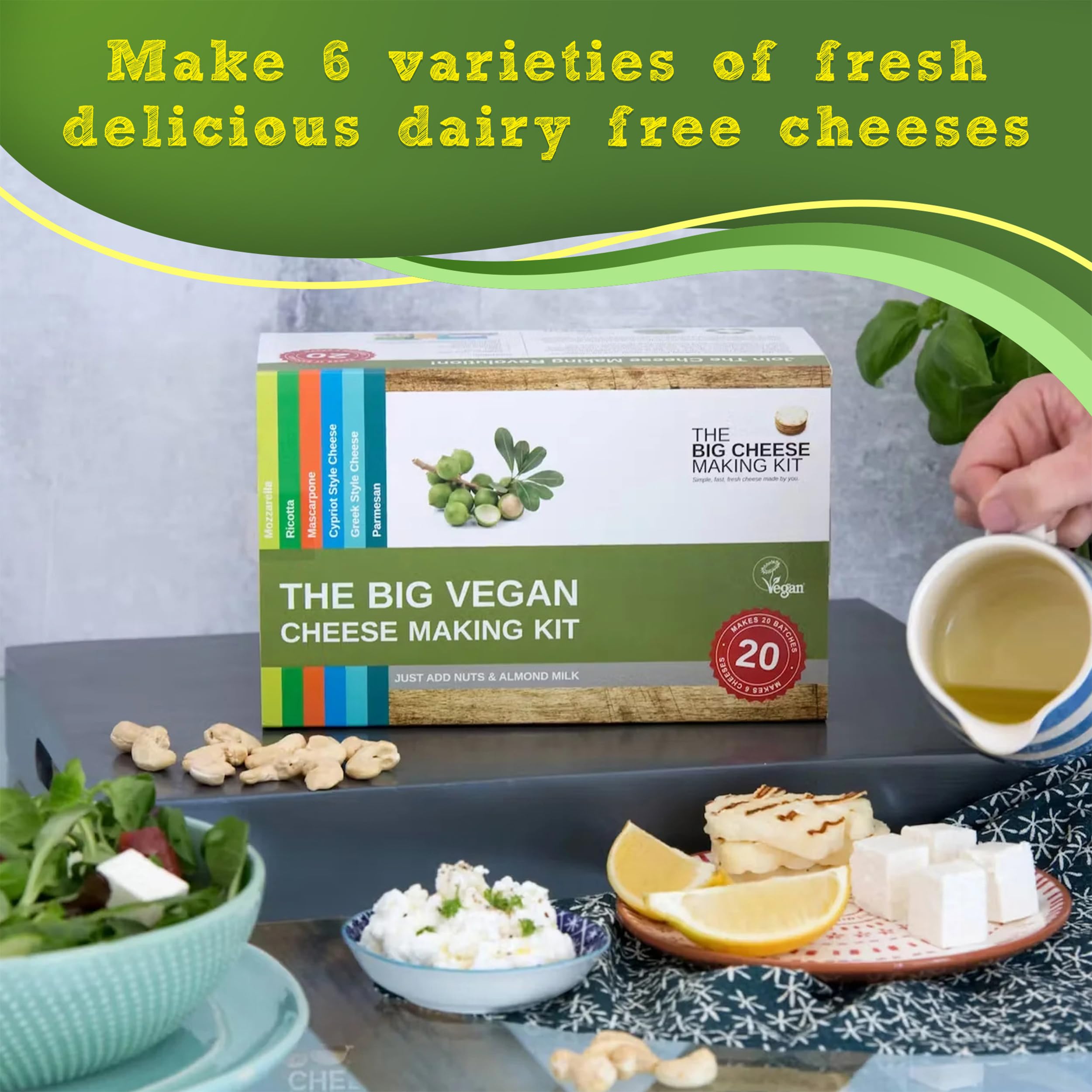 The Big Vegan Cheese Making Kit - DIY Vegan Cheese Starter for Mozzarella, Ricotta, Feta | Dairy-Free Cheese Maker Supplies | Perfect Plant-Based Food Gift | Make 6 Types & 20 Batches | Great for Vegan Cooking, Parties & Holiday Gifts