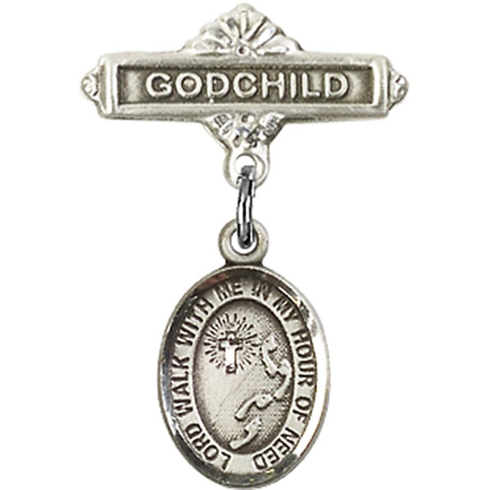 1 X 5/8 Inch Sterling Silver Baby Badge with Footprints & Cross Charm - Godchild Gift Pin for Christening, Baptism & Newborn Celebrations