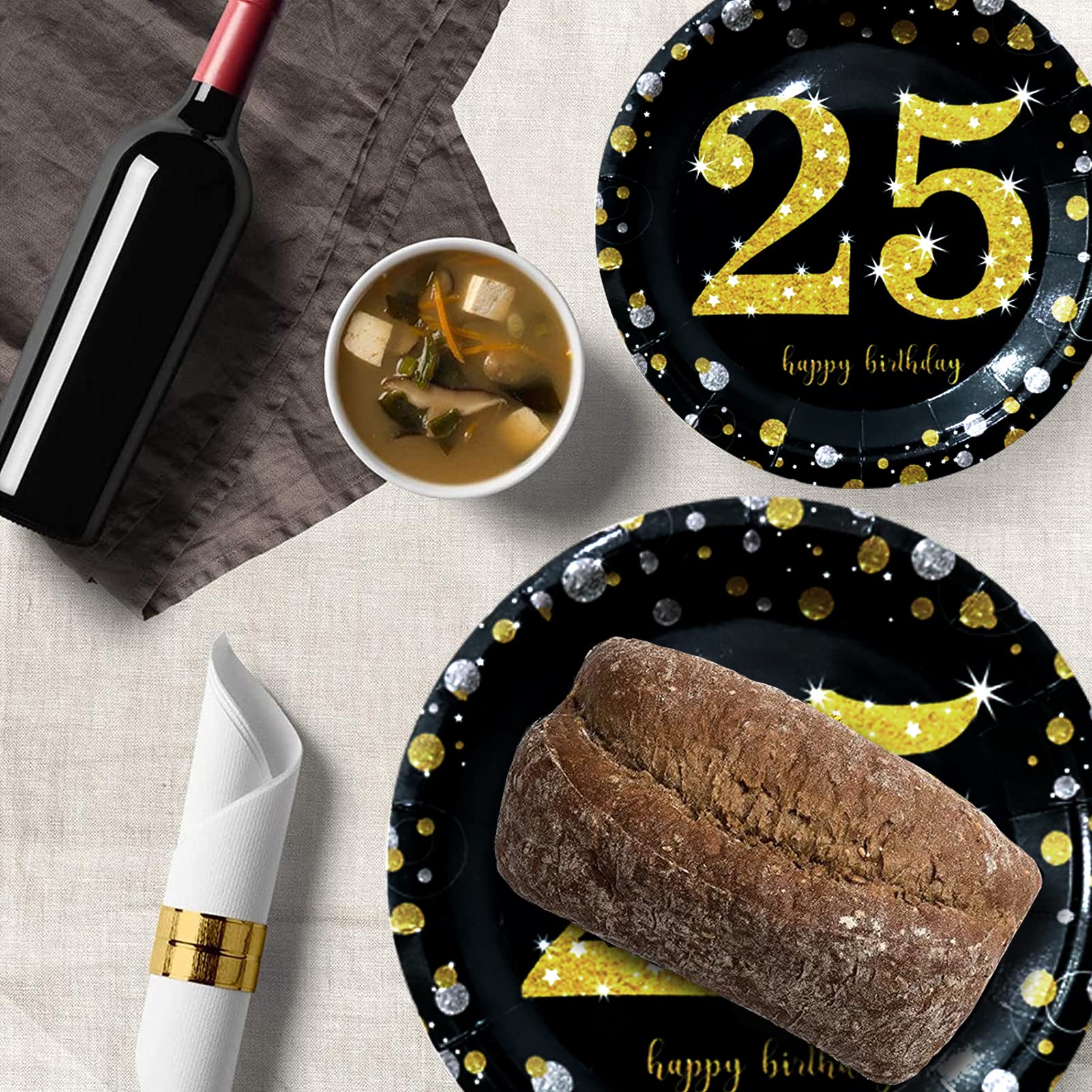 25th Birthday Party Supplies - Black & Gold Disposable Dinnerware Set for 24 Guests | Includes Plates, Cups, Cutlery, Tablecloth & Balloons | Perfect for Anniversary Celebrations, Milestone Parties & Elegant Gatherings