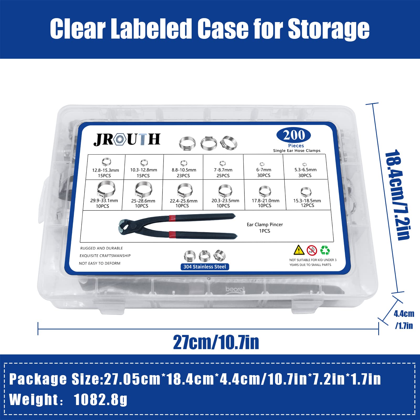 200PCS Single Ear Hose Clamps Kit - 12 Sizes (5.3-33.1mm) 304 Stainless Steel Crimp Clamps with Pincer Tool - Secure Pipe Hoses for Automotive, Plumbing, and Marine Applications - Includes Storage Case