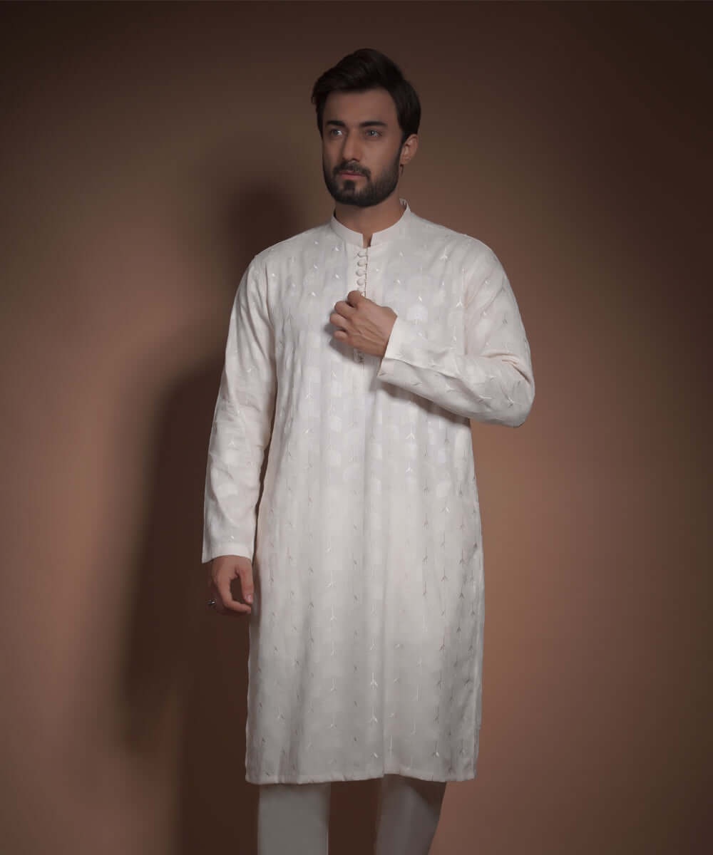 Ivory Floral Raw Silk Kurta Pyjama Set for Women - Traditional Indian Ethnic Wear for Festivals, Weddings & Special Occasions