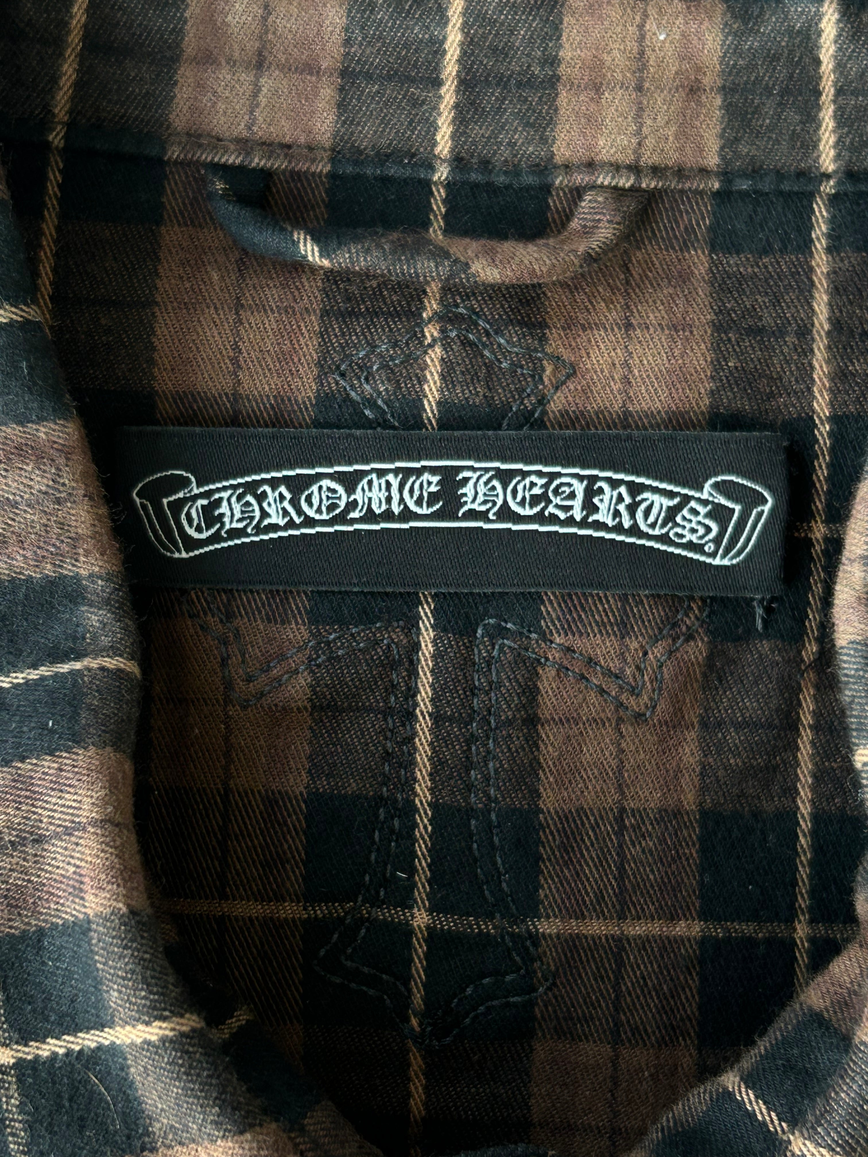 Chrome Hearts Brown & Black Leather Cross Patch Flannel Shirt - Stylish Gothic Fashion for Men & Women - Perfect for Casual Wear, Concerts, and Street Style