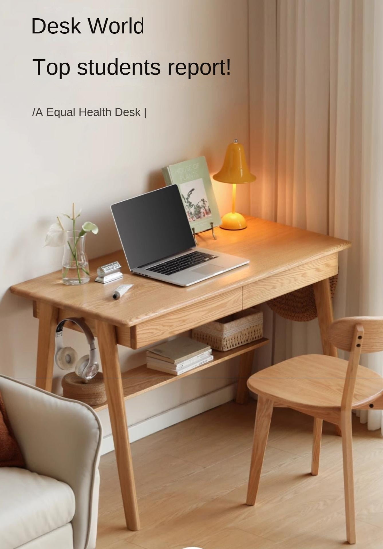 Solid Oak Wood Office Desk with Bottom Divider - Stylish & Durable Workspace Solution for Home Office or Study Room