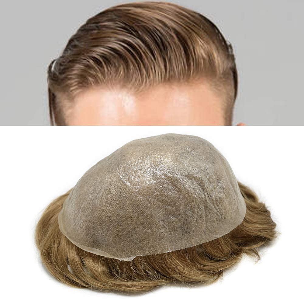 Ultra Thin Skin Men's Toupee 0.03mm - Natural Human Hair Replacement System for Men in Black, Brown, Blonde & Gray | V-Looped Hairpiece Wig (8x10 Inch, 100% Light Density, 610 Light Brown with 10% Gray) - Perfect for Daily Wear, Special Occasions & Hair Loss Solutions