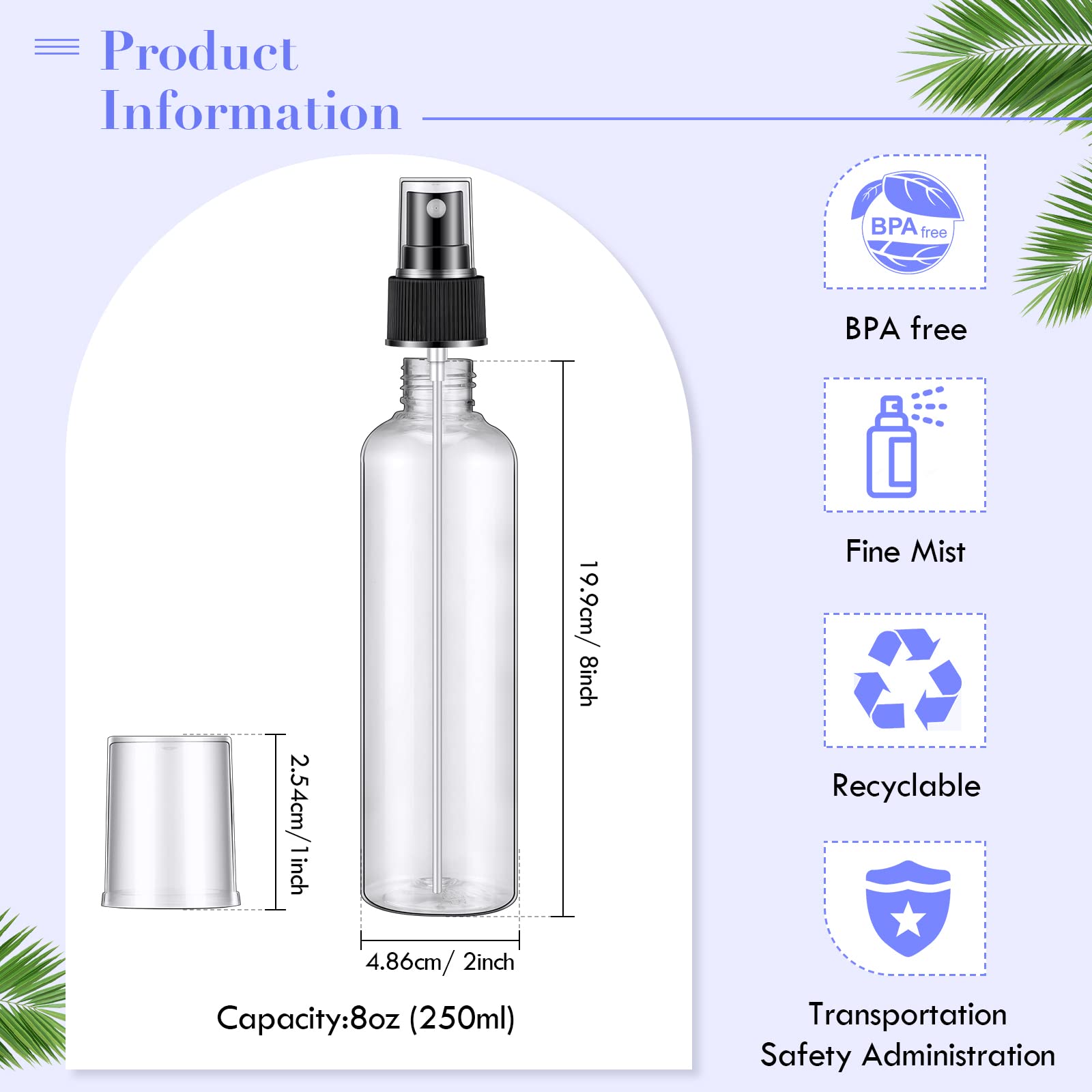Eccliy 64 Pack 8oz Clear Plastic Spray Bottles - Fine Mist Refillable Empty Bottles with Caps for Essential Oils, Perfumes, Hair Care & Cleaning Solutions | Travel Size, Home & Salon Use