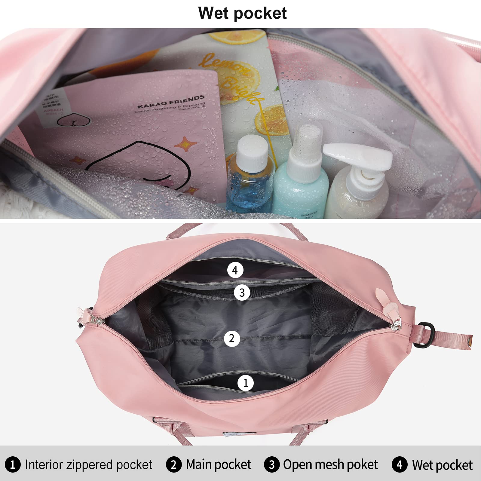 Waterproof Travel Duffel Bag for Women - Lightweight Gym Tote with Wet Pocket & Detachable Toiletry Bag - Perfect for Sports, Weekend Getaways & Overnight Trips (Pink)