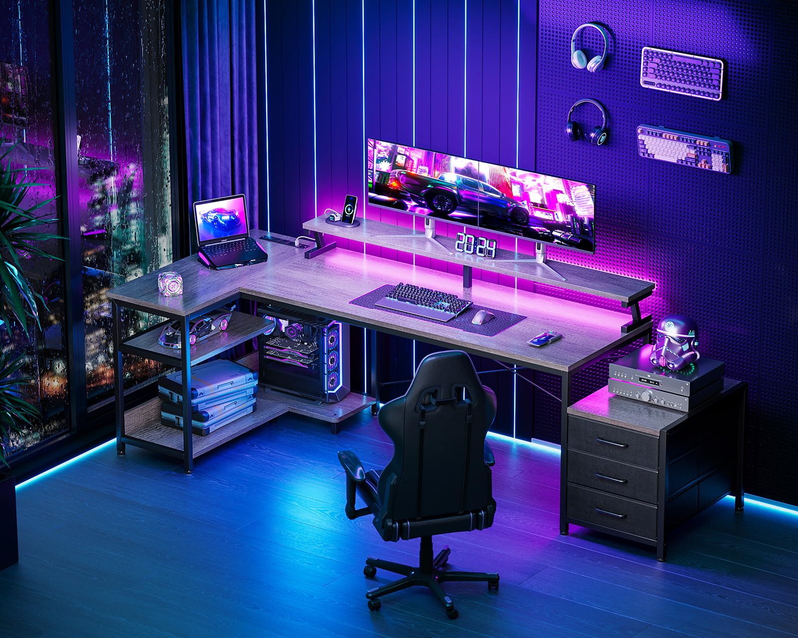 AODK L-Shaped Office Desk with Fabric Drawers - 66