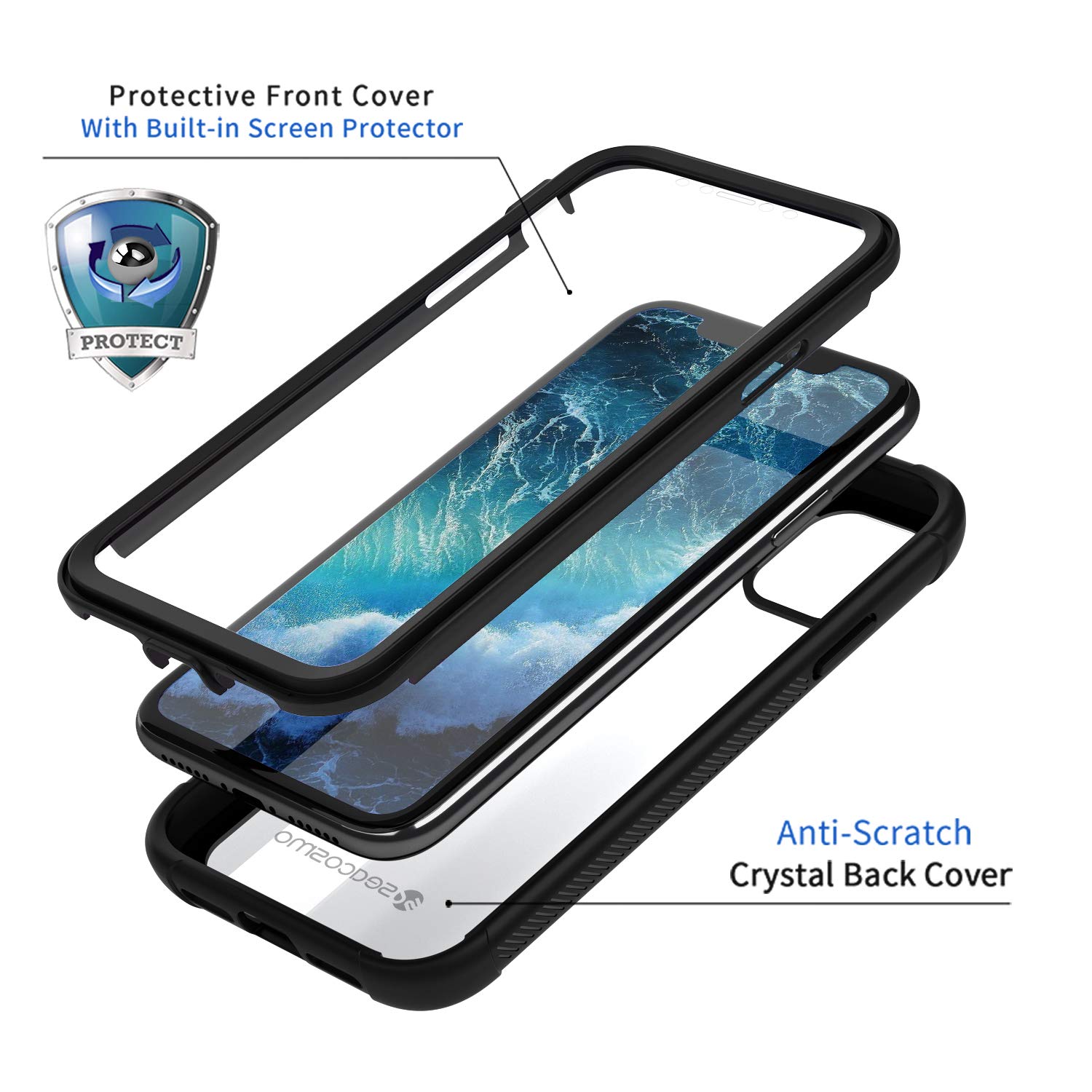 Seacosmo Shockproof iPhone 11 Pro Max Case with Built-in Screen Protector | Slim Fit Full Body Protective Cover | Black/Clear | Perfect for Outdoor Activities & Daily Protection