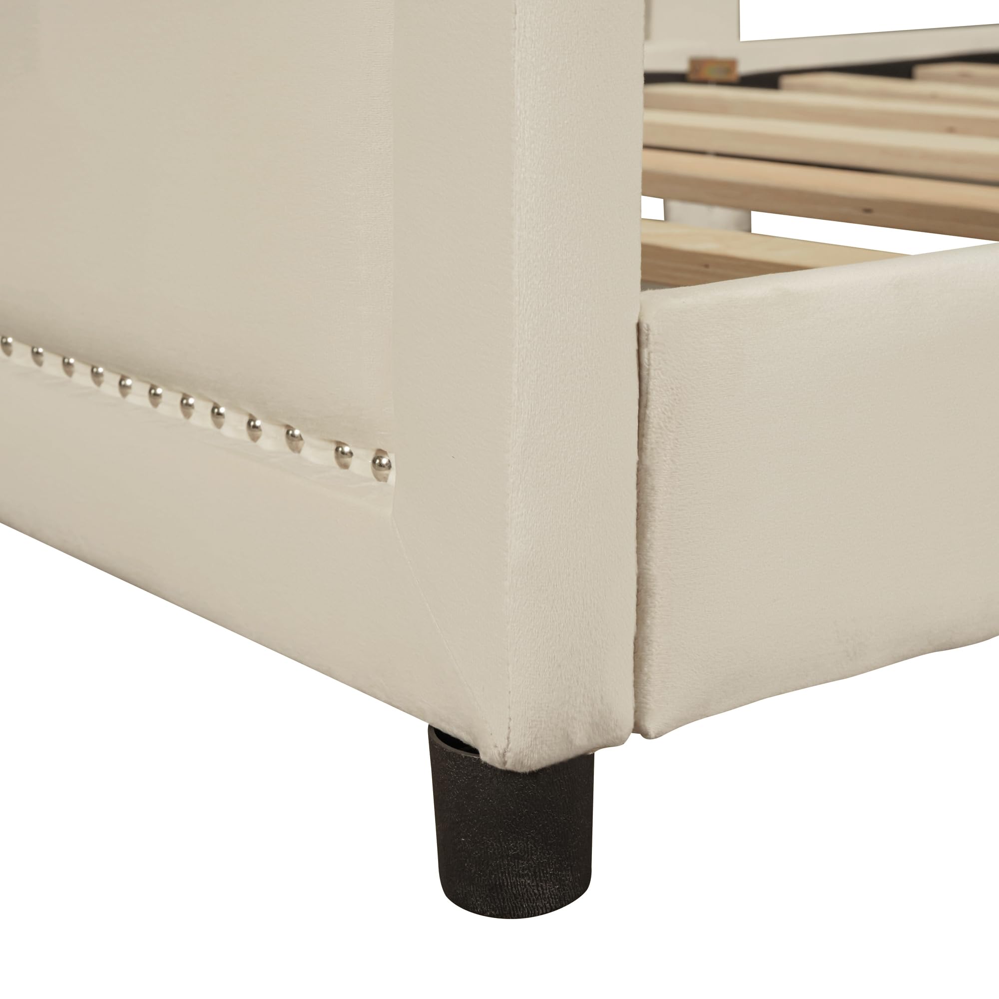 Harper & Bright Designs Velvet Upholstered Twin Daybed Frame for Kids - Classic Stripe Headboard, Sturdy Wood Construction, Beige | Perfect for Children's Bedroom, Guest Room, or Playroom Decor