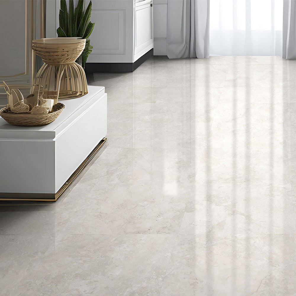Premium Cantabria White 600x600mm Polished Porcelain Tiles - Travertine Look Floor & Wall Tiles for Bathroom, Kitchen & Living Room Renovation