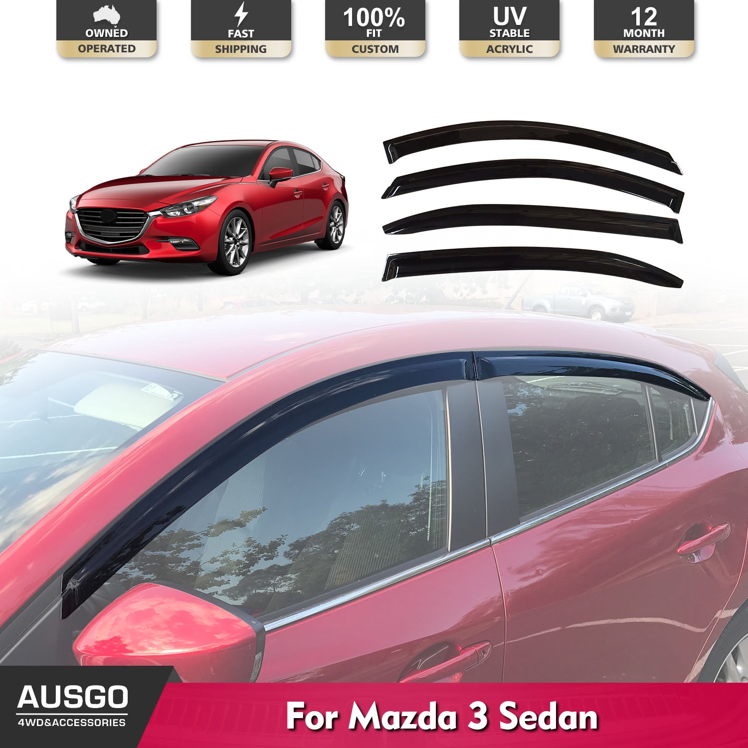 2013-2019 Mazda 3 BM BN Series Sedan Car Window Rain Guards - Premium Injection Molded Weather Deflectors for All-Weather Protection | Perfect for Rainy Days & Road Trips