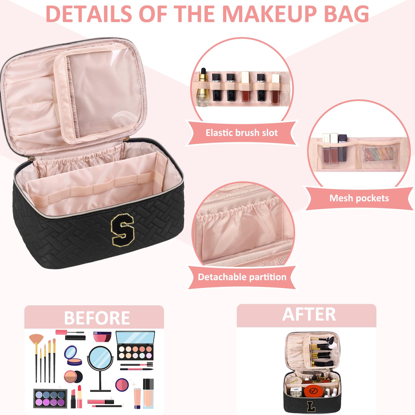 Personalized Chenille Letter Makeup Organizer Bag for Girls & Women - Custom Initial Cosmetic Pouch with Zipper | Trendy Preppy Quilted Portable Makeup Case | Perfect Birthday Gift for Teens & Friends (Large) | Great for Travel, School & Daily Beauty Essentials Storage