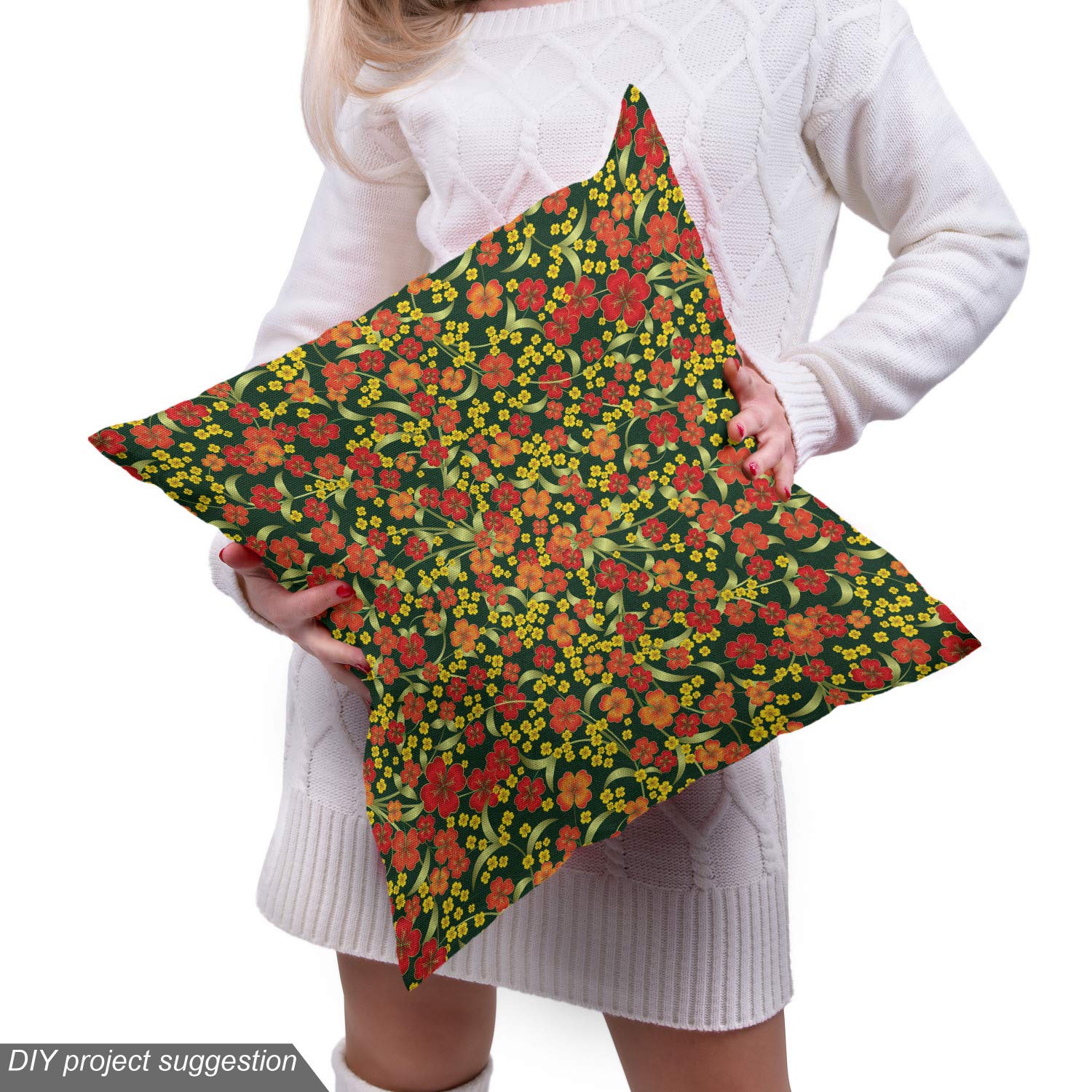 Ambesonne Floral Fabric by The Yard - Spring Botanical Print with Scattered Flowers, Dark Green & Pink Decorative Fabric for Upholstery, Curtains, DIY Crafts - 1 Yard Home Decor Material | Perfect for Sofa Covers, Pillowcases & Table Runners