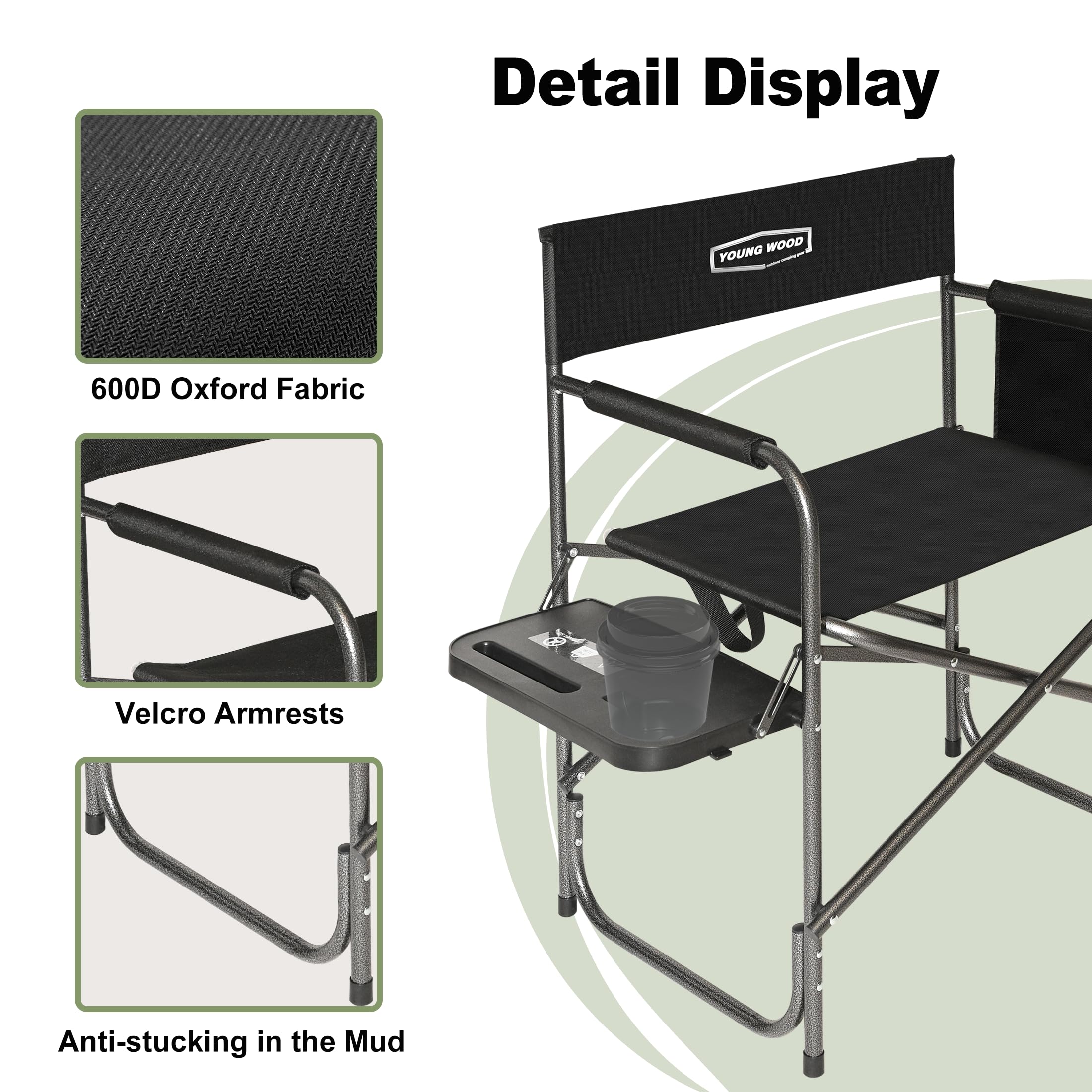YOUNG WOOD Lightweight Oversized Portable Folding Camping Chair with Side Table & Storage Pockets - Heavy Duty 400lbs Capacity for Outdoor Camping, Hiking, Picnics, Fishing, Beach, Backyard & Tailgating (Black)