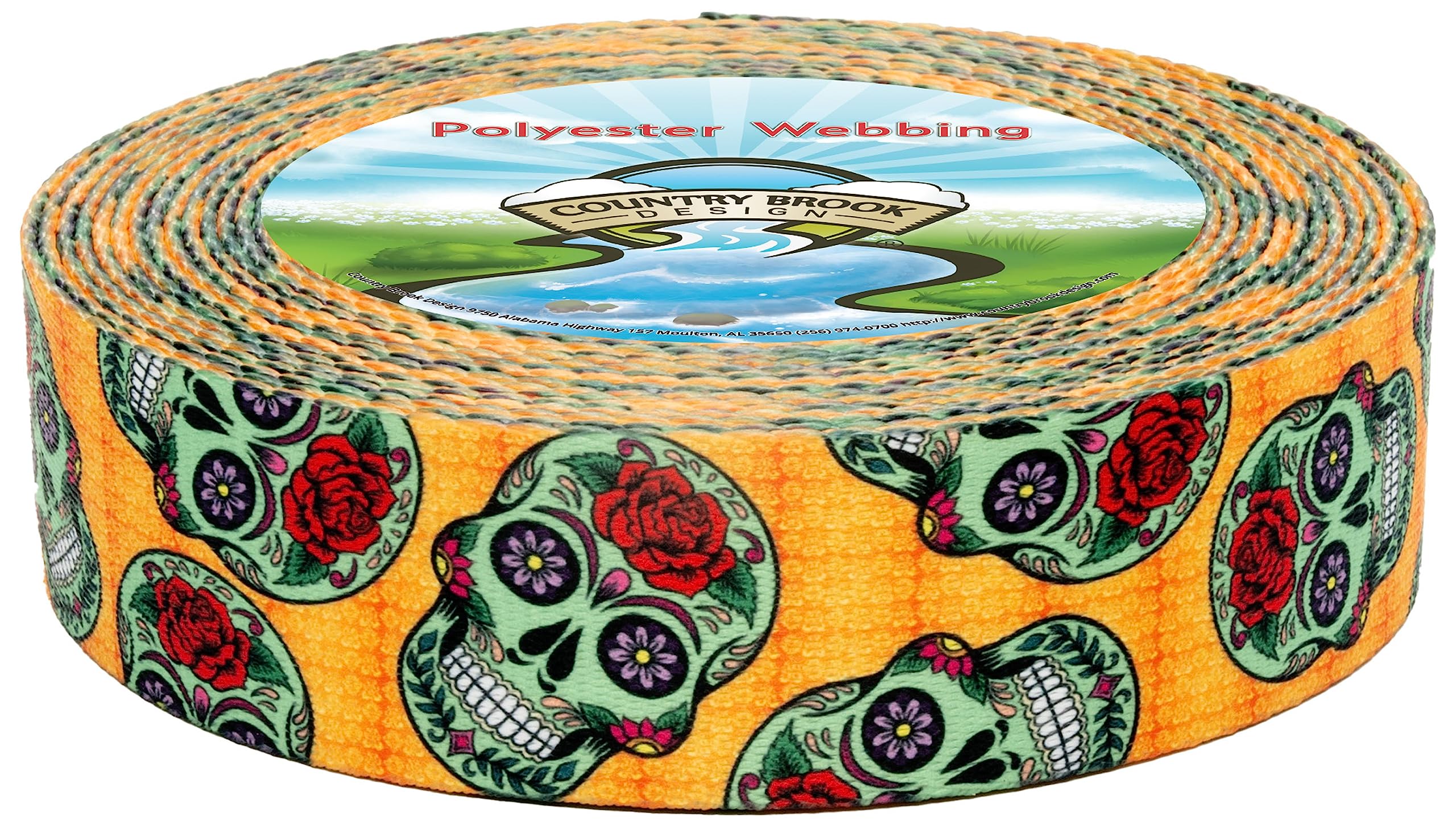 Country Brook Design - Sugar Skulls Polyester Webbing for DIY Crafts, Sewing Projects & Fashion Accessories | Halloween Decorations, Day of the Dead Celebrations & Costume Making