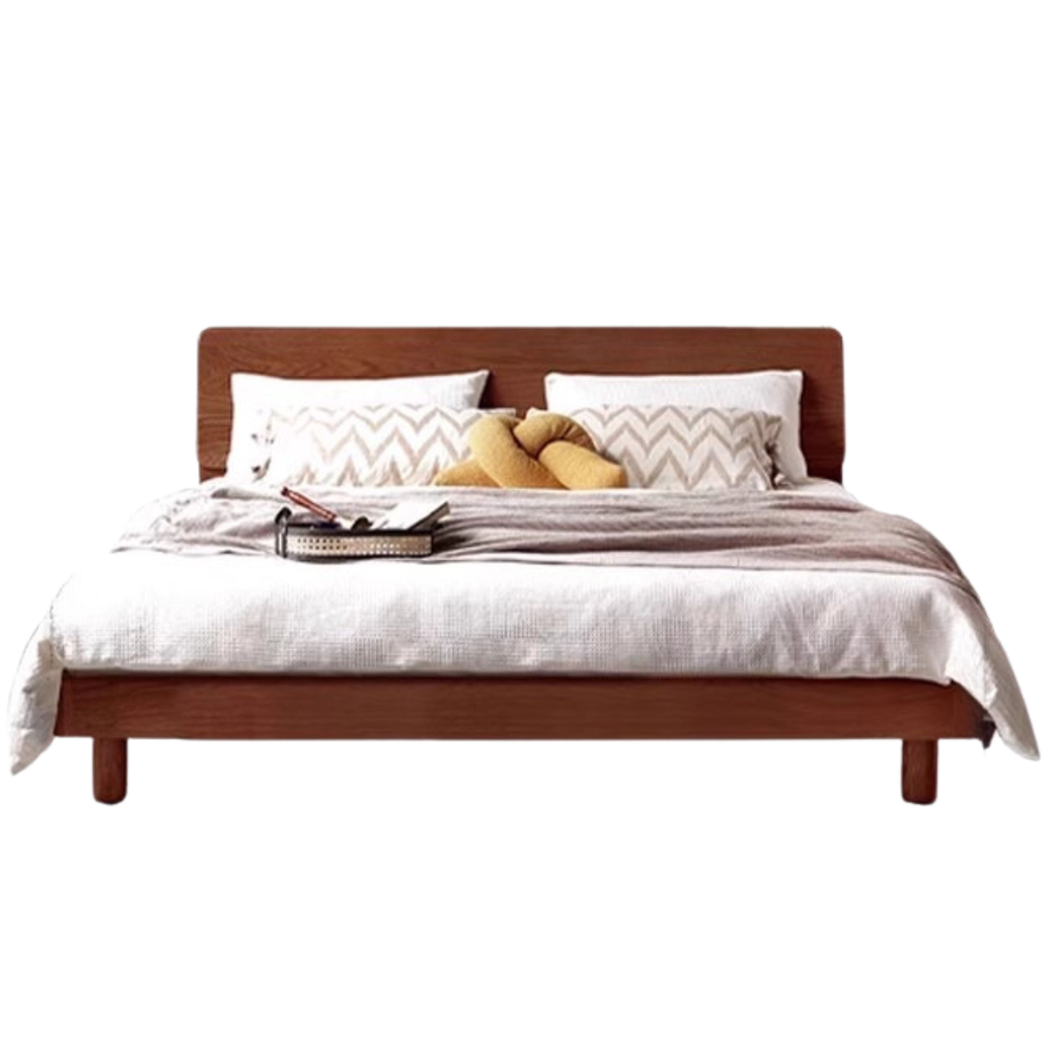 Solid Oak Wood Platform Bed with Bookshelf Headboard - Modern Bedroom Furniture for Small Spaces & Cozy Reading Nook