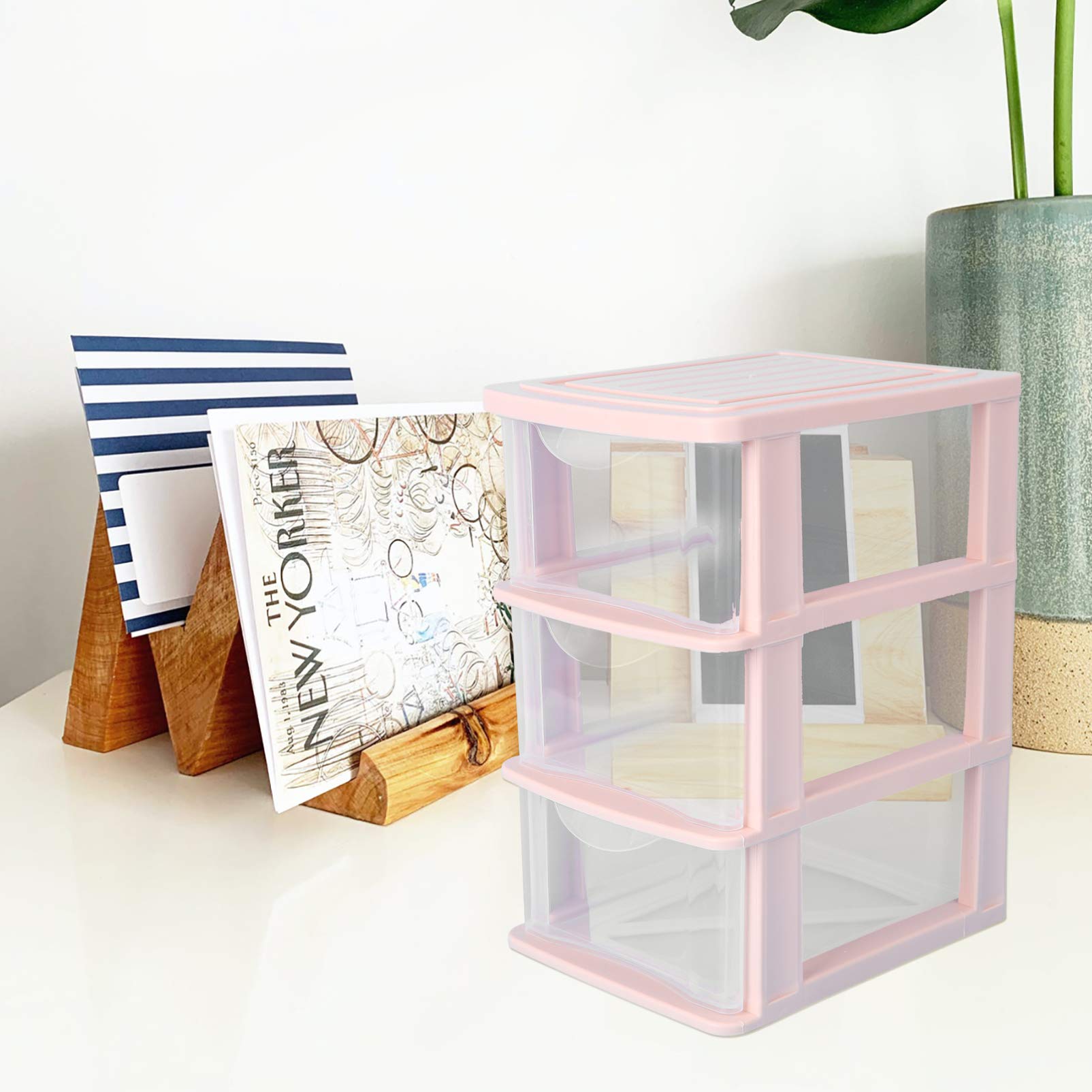 Yardwe 3-Tier Clear Plastic Drawer Organizer - Pink for Home & Office Storage