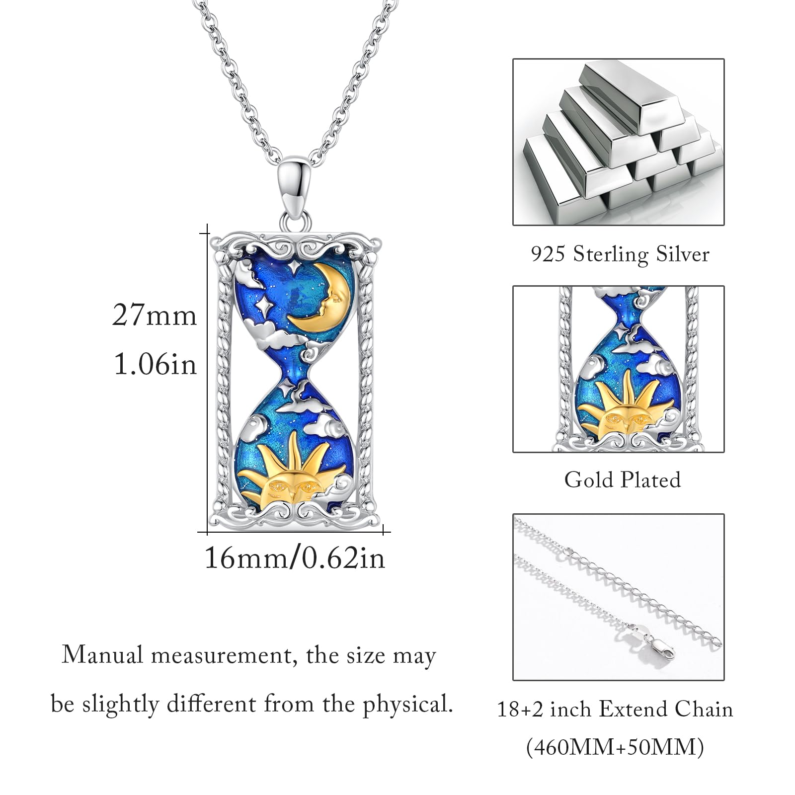 925 Sterling Silver Moon and Stars Hourglass Pendant Necklace for Women - Perfect for Gifts, Layering & Boho Jewelry Looks