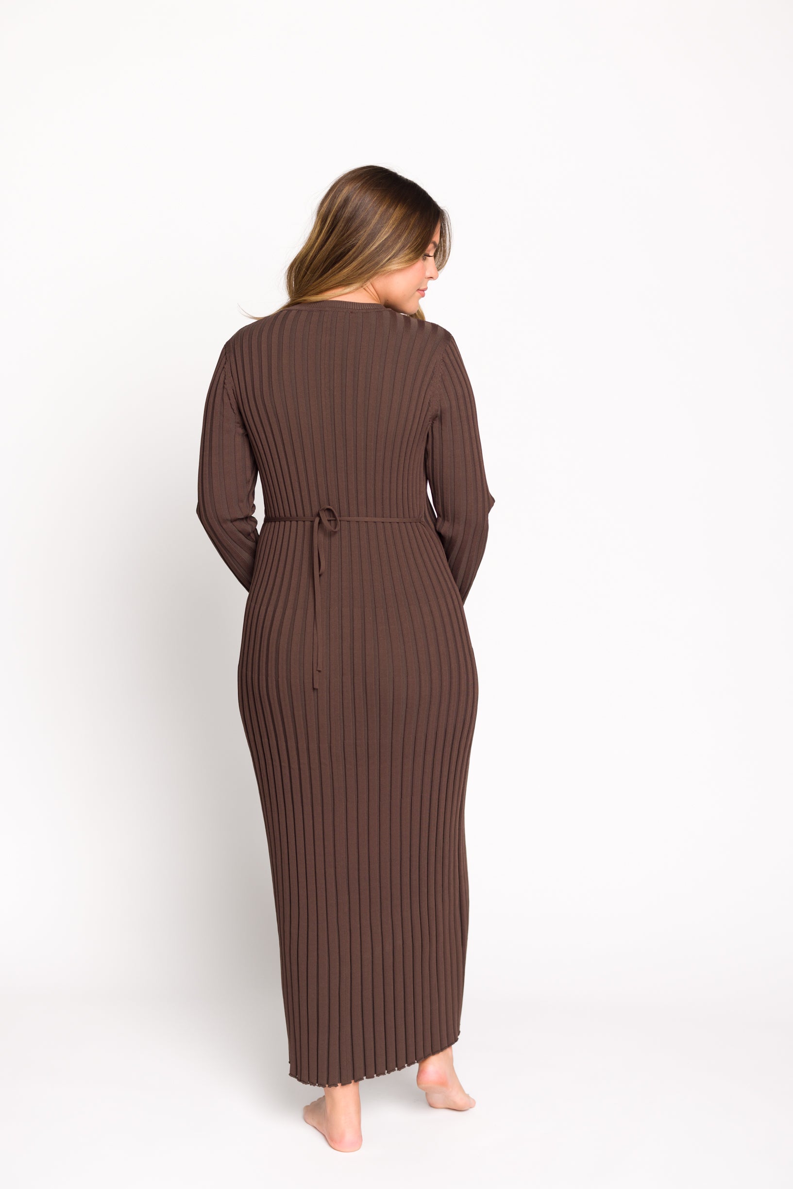 Colette Premium Long Sleeve Ribbed Knit Maxi Dress - Brown Maternity Dress for Pregnancy | Bump Friendly, Comfortable & Stylish for Casual Outings, Date Nights & Special Occasions