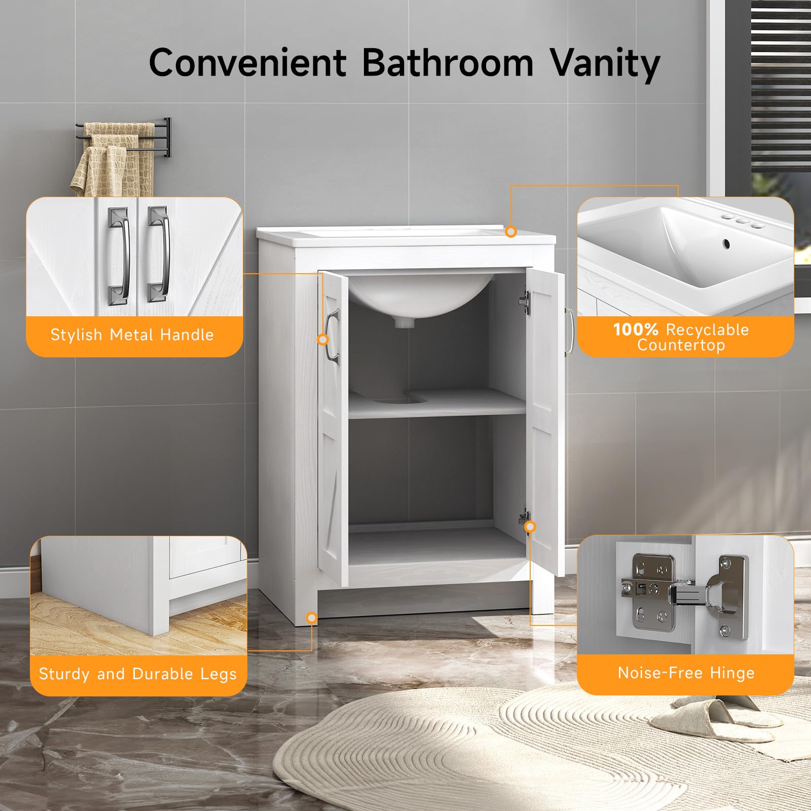 24 Inch Modern Bathroom Vanity with Ceramic Sink - 2 Door 2 Tier Storage Cabinet, Thickened Wood Construction - Perfect for Small Bathrooms, Powder Rooms & Guest Baths