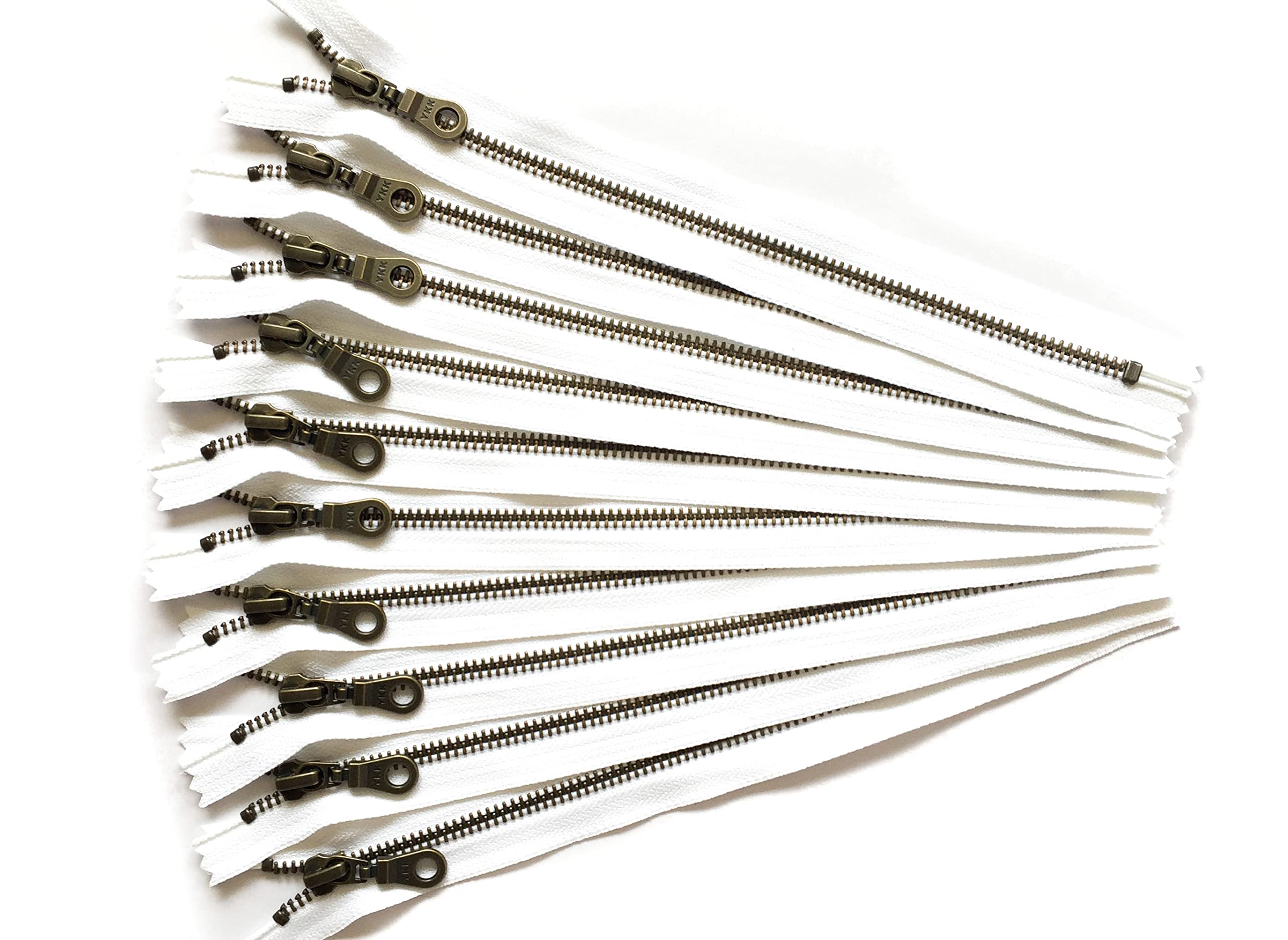 YKK 8 Inch Aluminum Metal Zippers with Donut Pull - Size #5 White Antique Brass Teeth - 12 Pack for DIY Crafts, Handbags & Apparel Making - Premium Durable Zippers for Sewing Projects