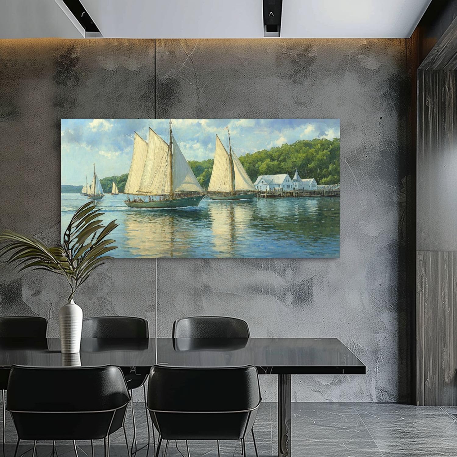 Framed Canvas Wall Art - Ocean Landscape Sailboat Abstract Painting 30