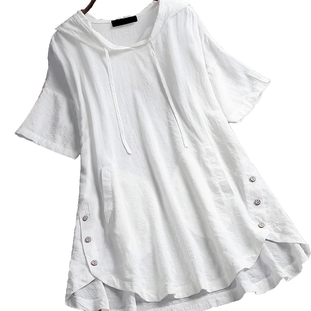 Women's Plus Size Short Sleeve Hoodie - Plaid Loose Cotton Linen Sweatshirt with Drawstring & Pocket | Casual Outfit, Streetwear, Spring Summer Fashion