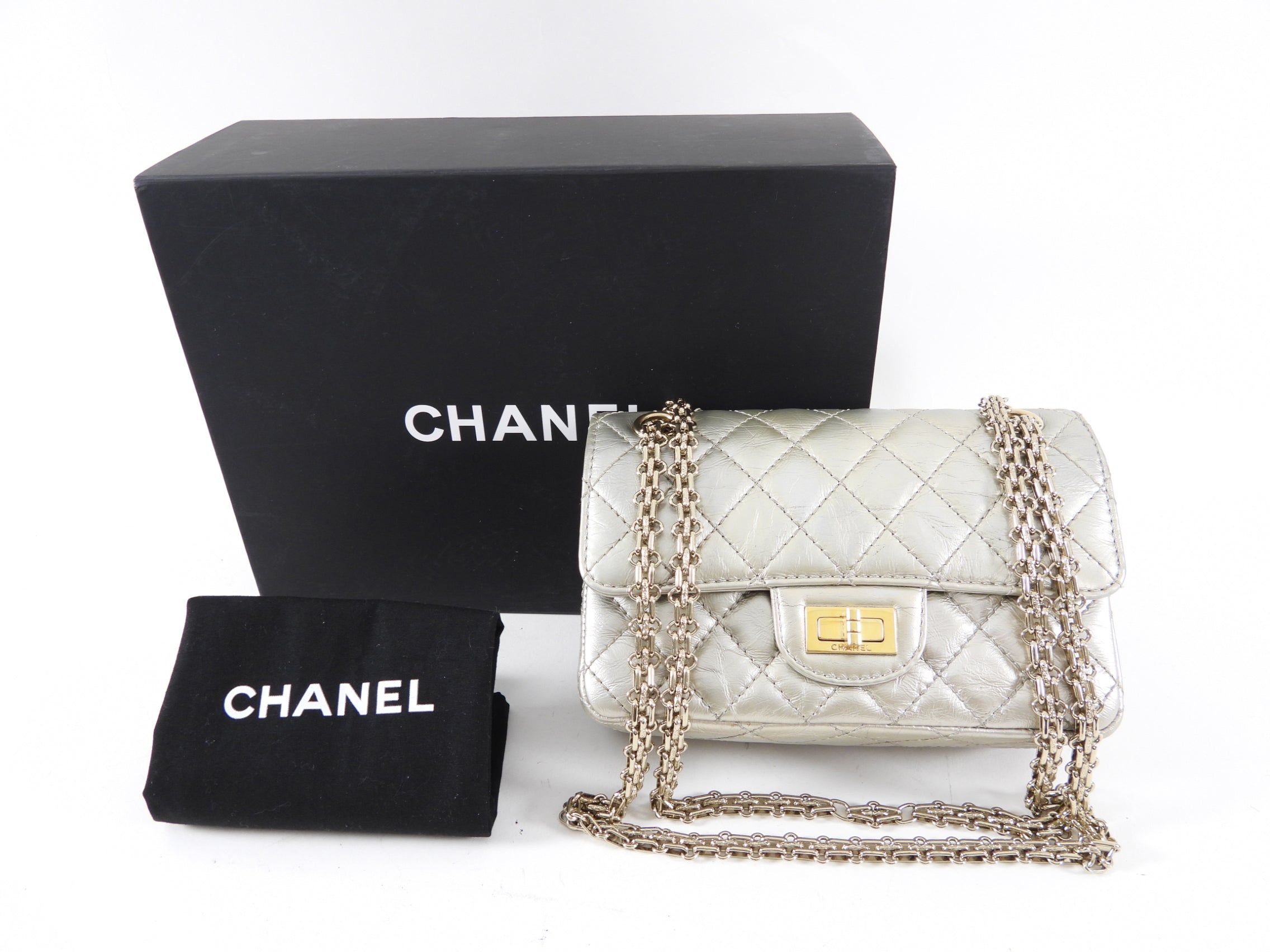 Chanel Silver Aged Leather Mini 2.55 Reissue Flap Bag - Vintage Luxury Handbag for Women, Perfect for Evening Parties & Special Occasions
