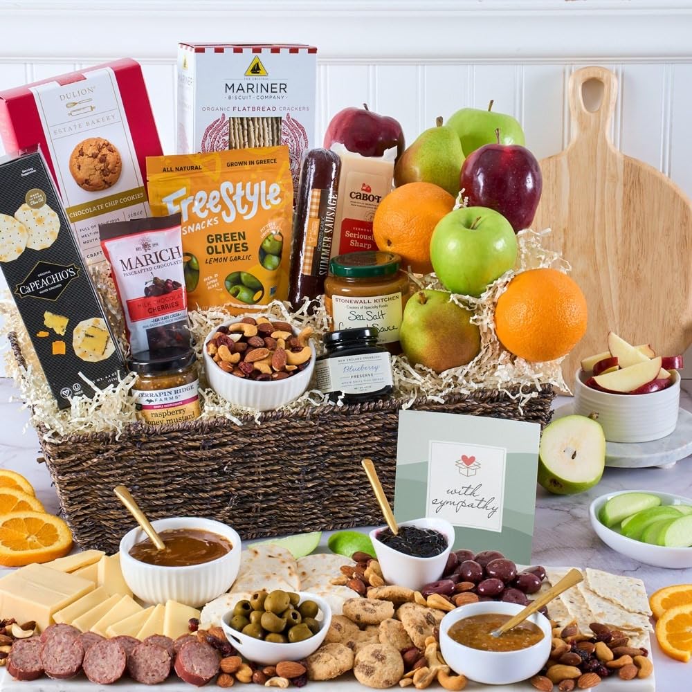 Premium Sympathy Gift Basket - Fresh Fruits, Gourmet Cheese, Deli Meats, Chocolate, Crackers, Olives & Cookies | Thoughtful Condolence Present for Funeral, Memorial Service & Bereavement Support