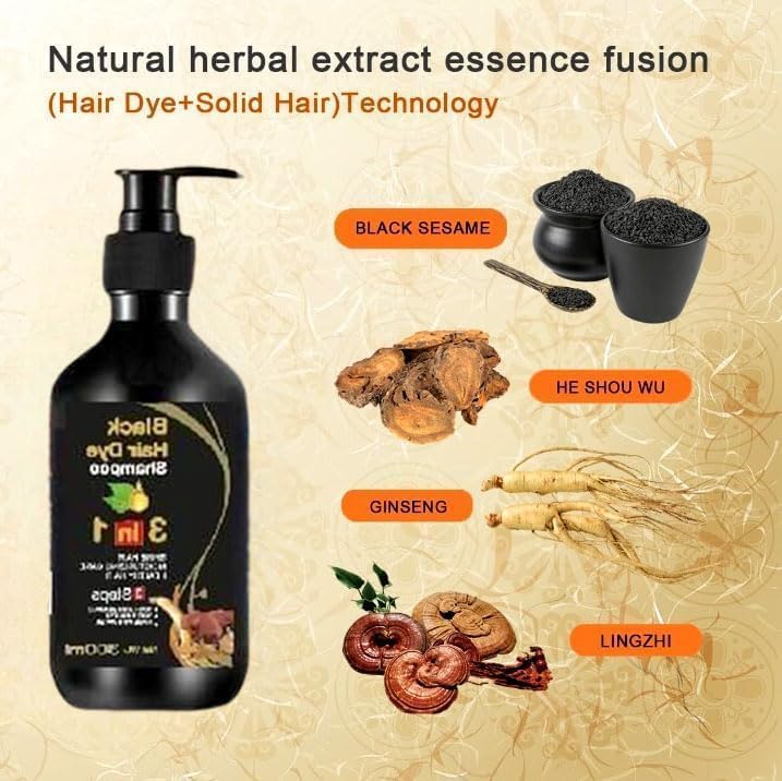 DD Organic Herbal 3-in-1 Instant Black Hair Dye Shampoo for Women & Men - 100% Gray Coverage, Natural Hair Color Treatment (300ml) - Perfect for Quick Touch-Ups at Home or Travel