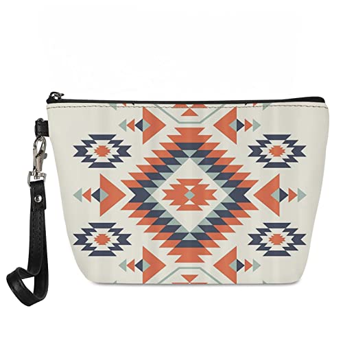 WELLFLYHOM Aztec Makeup Bag for Women - Small Cosmetic Pouch with Zipper, PU Leather Travel Toiletry Organizer, Lightweight Tribal Ethnic Clutch Handbag for Purse, Baja Southwestern Style | Perfect for Travel, Gym, and Everyday Use