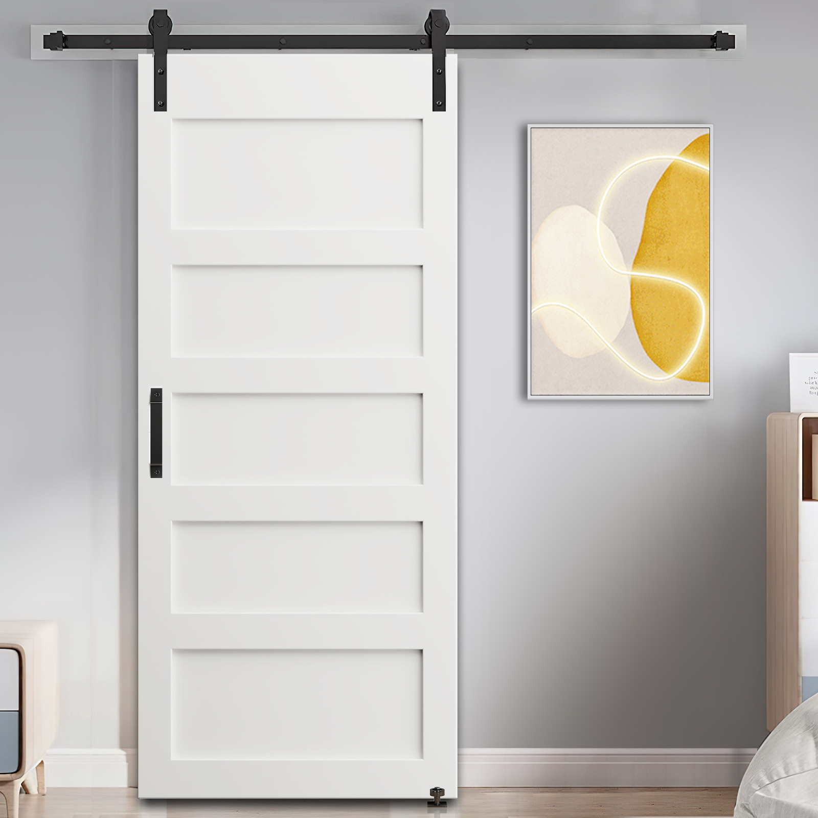 28' x 84' CRAZY ELF Five Grid Primed Barn Door Slab with 6.6FT Sliding Hardware Kit - Adjustable Floor Guide & Pull Handle - Unfinished DIY Paneled Door for Modern Interior - Moisture Proof - Perfect for Bedroom, Closet or Farmhouse Style Homes