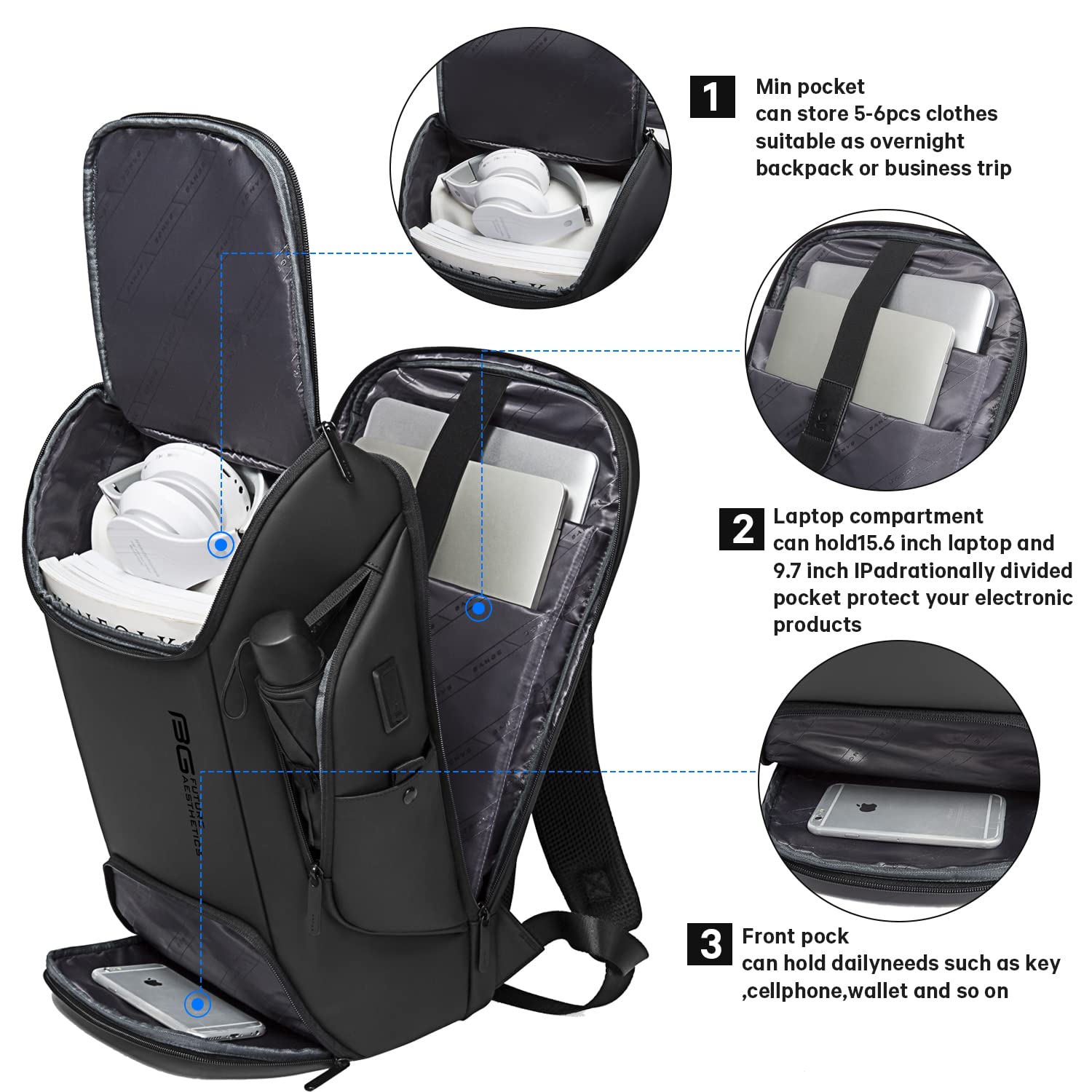 BANGE Business Laptop Backpack for Men & Women - 15.6 Inch Smart Commuter Backpack with USB Charging Port, Water Resistant & Anti-Theft Design - Perfect for Work, Travel & College (Black)