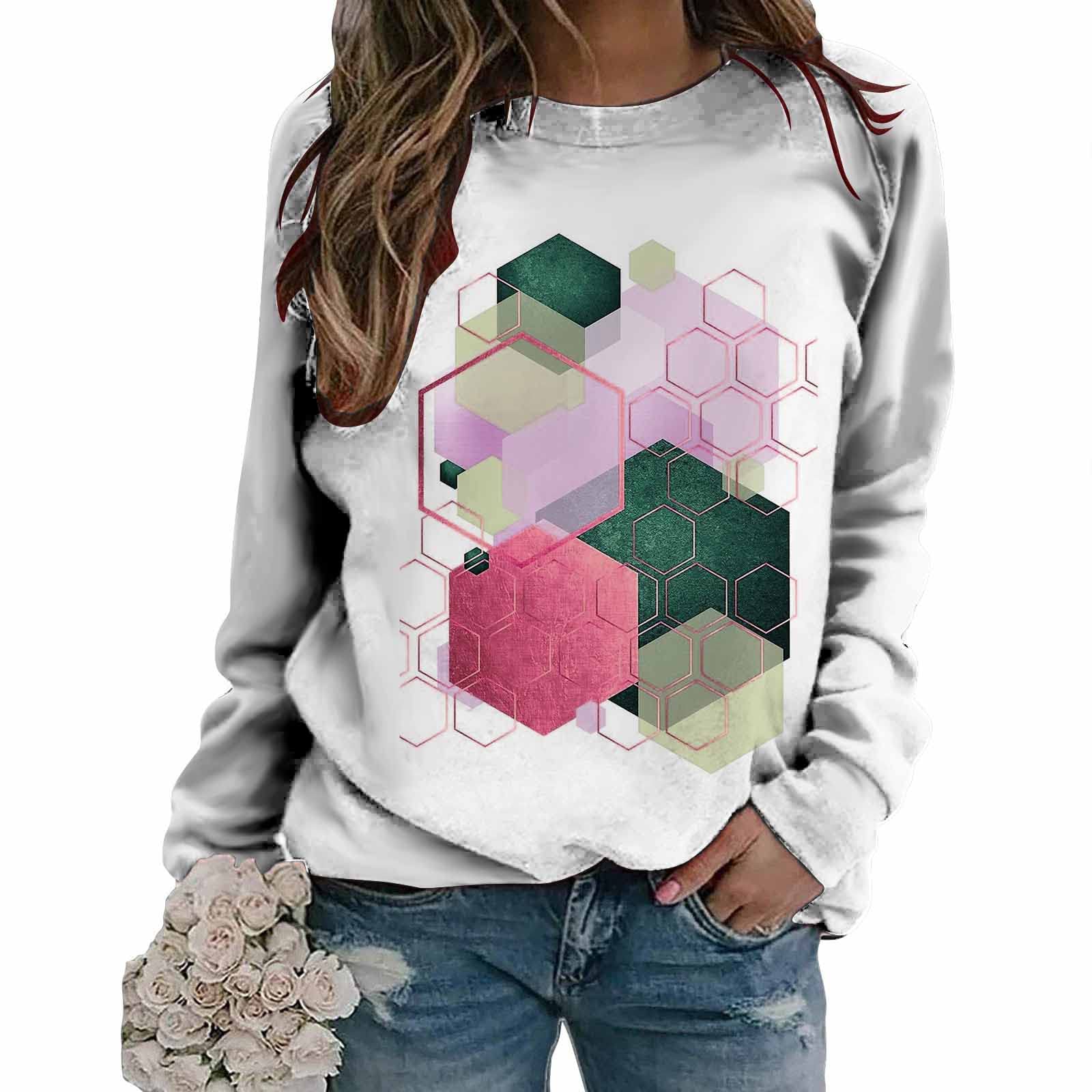 Women's Vintage Geometric Print Long Sleeve Sweatshirt - Soft Casual Round Neck Pullover Blouse for Spring | Perfect for Everyday Wear, Office Outfits & Weekend Relaxation