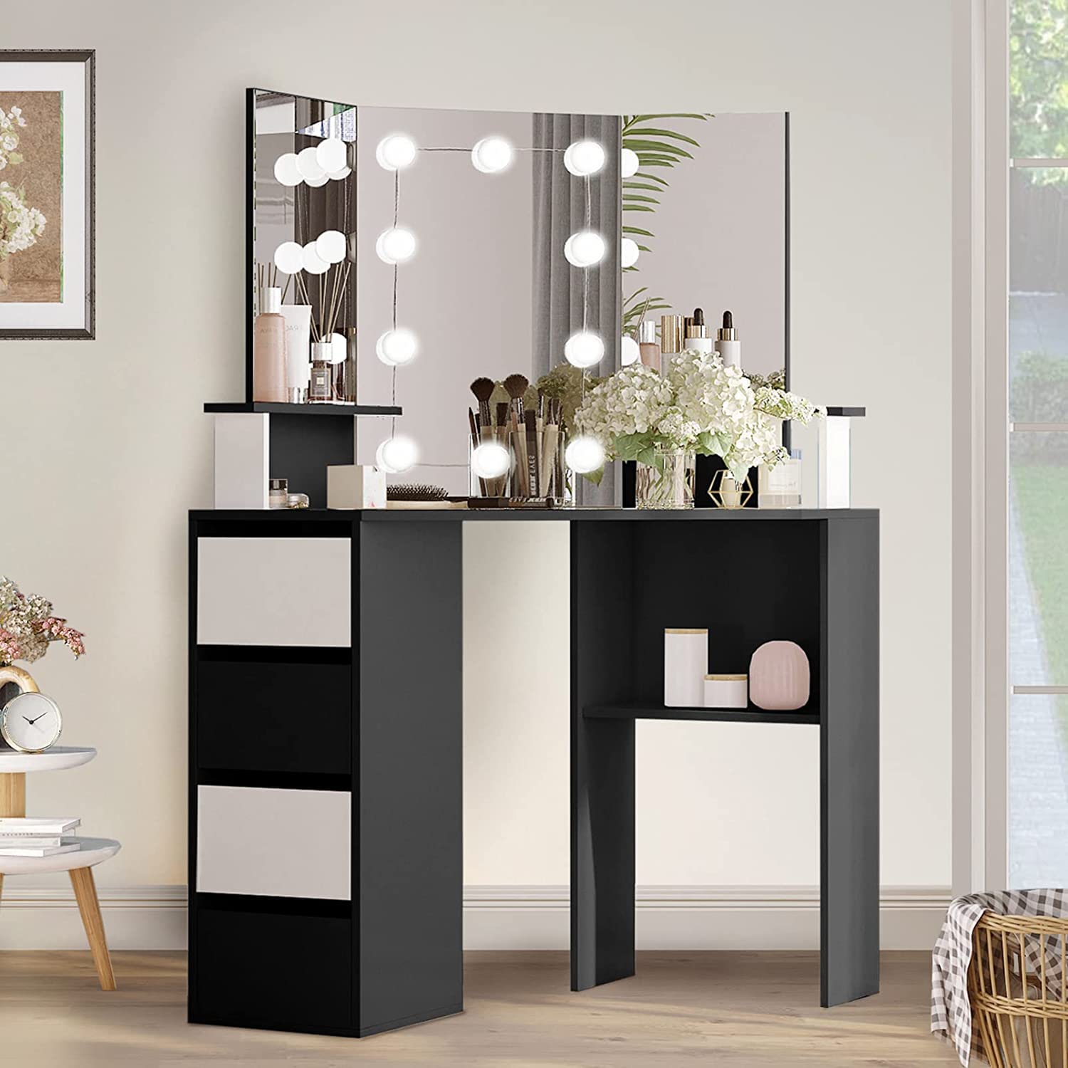 42 Inch Corner Vanity Desk with LED Lighted Mirror - 3-Fold Adjustable Mirror, 3 Lighting Colors & 4 Storage Drawers - Black Makeup Dressing Table for Bedroom, Bathroom or Dorm Room