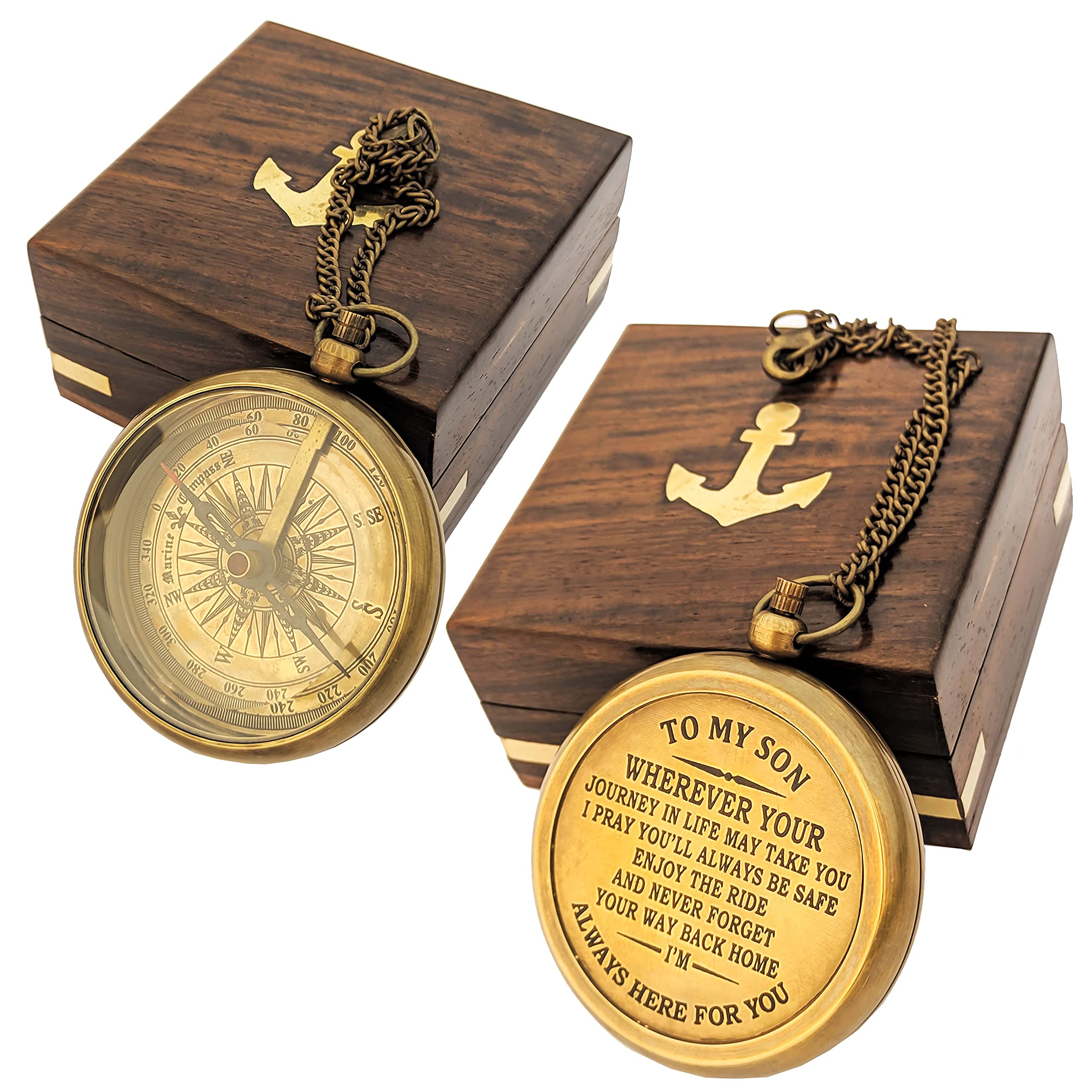 Antique Brass Engraved Compass in Handmade Wooden Box - Unique Nautical Gift for Son, Dad to Son Present, Birthday Gift for Boys - Perfect for Outdoor Adventures, Hiking, Camping & Graduation Keepsakes