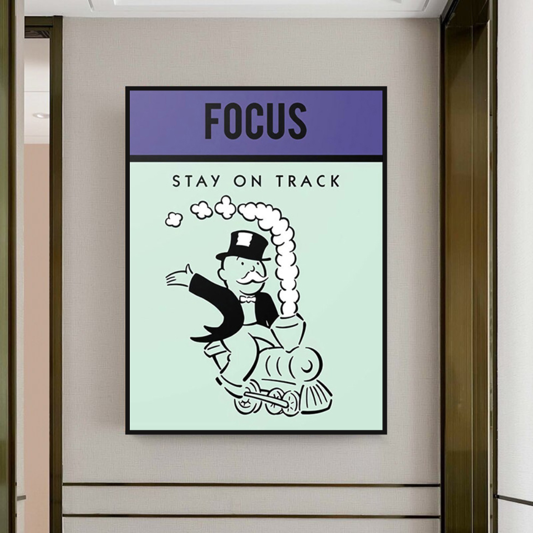 Alec Monopoly 'Stay on Track' Play Card Canvas Wall Art - Modern Pop Art Home Decor for Living Room, Bedroom & Office