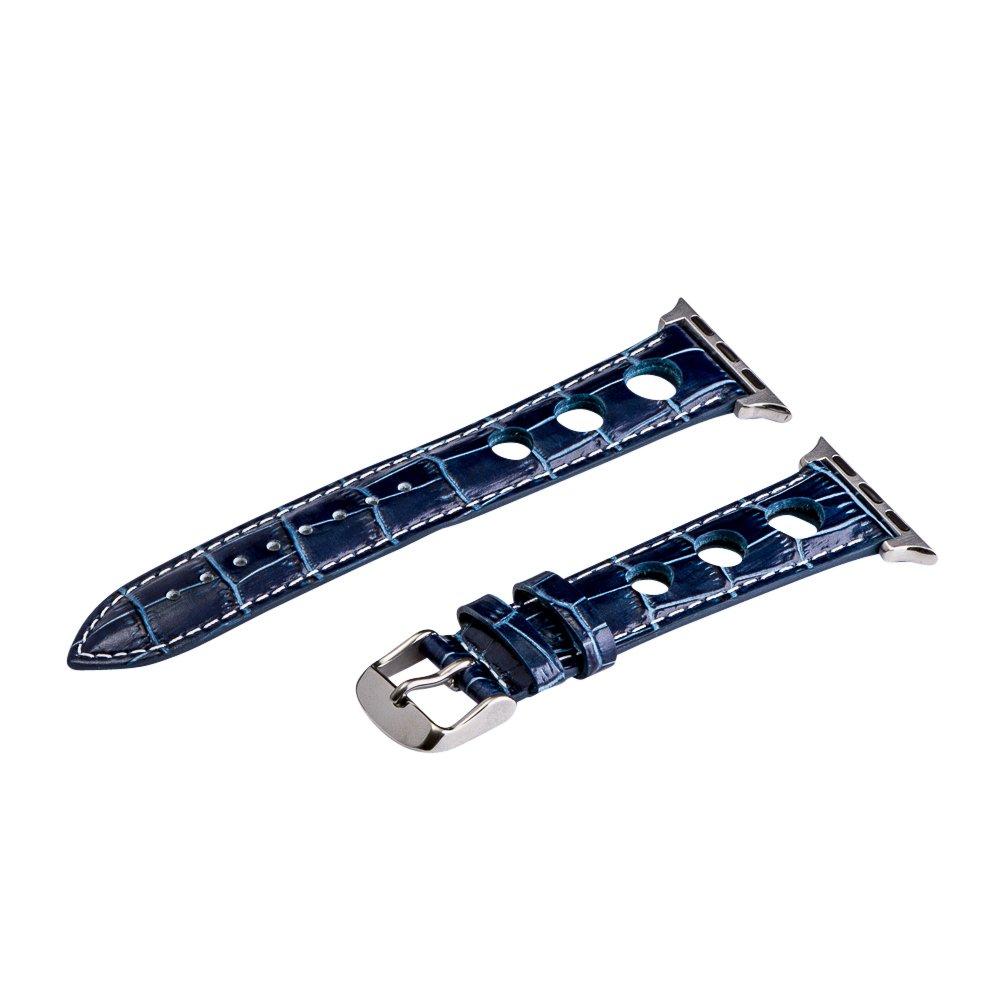 Clockwork Synergy Rally Leather Band for Apple Watch 38mm - Navy Blue & White Crocodile Pattern 3-Hole Strap with Stainless Steel Hardware - Replacement Watch Band for Men & Women - Perfect for Business, Casual & Outdoor Activities