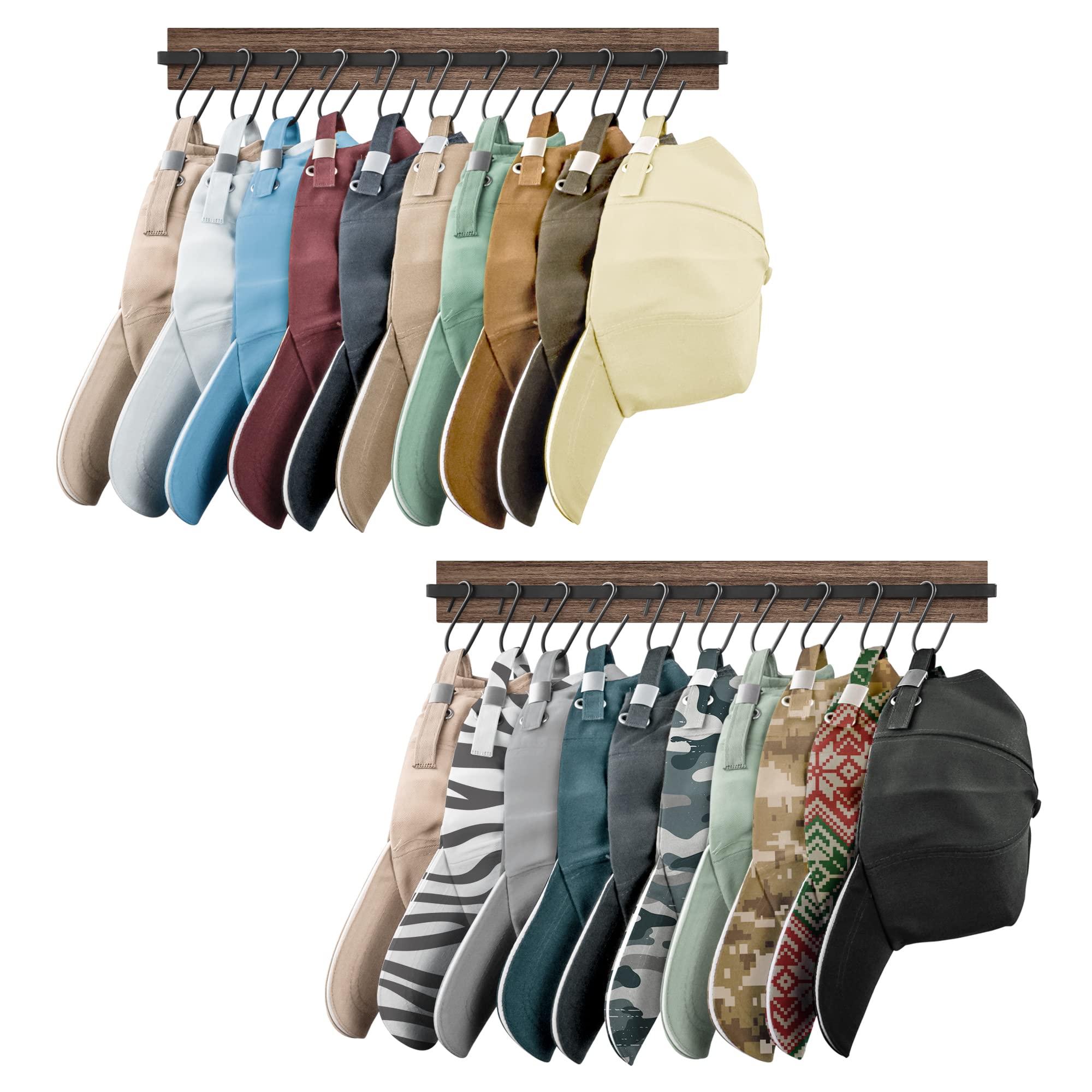 Vintage Wooden Wall-Mounted Hat Rack Organizer - Set of 2 with 20 Hooks for Baseball Caps, Cowboy Hats & Accessories - Space Saving Closet, Bedroom & Entryway Storage Solution (Brown)